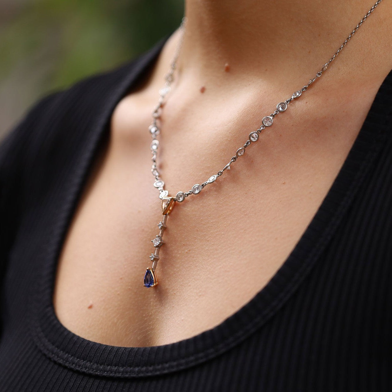 Mid Century Estate 4 Carat Diamond and Sapphire Drop Necklace