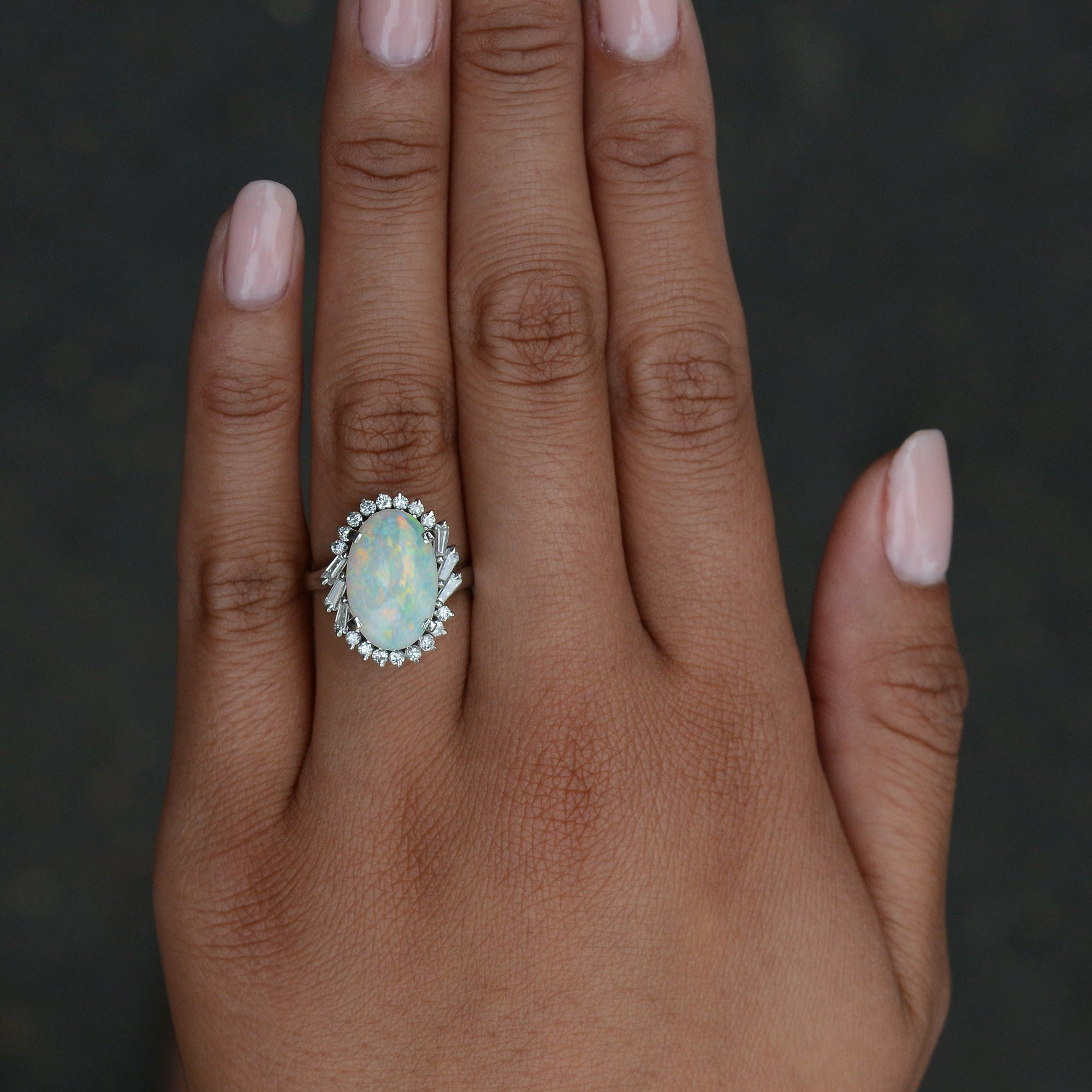 Mid Century Opal and Diamond Cocktail Ring