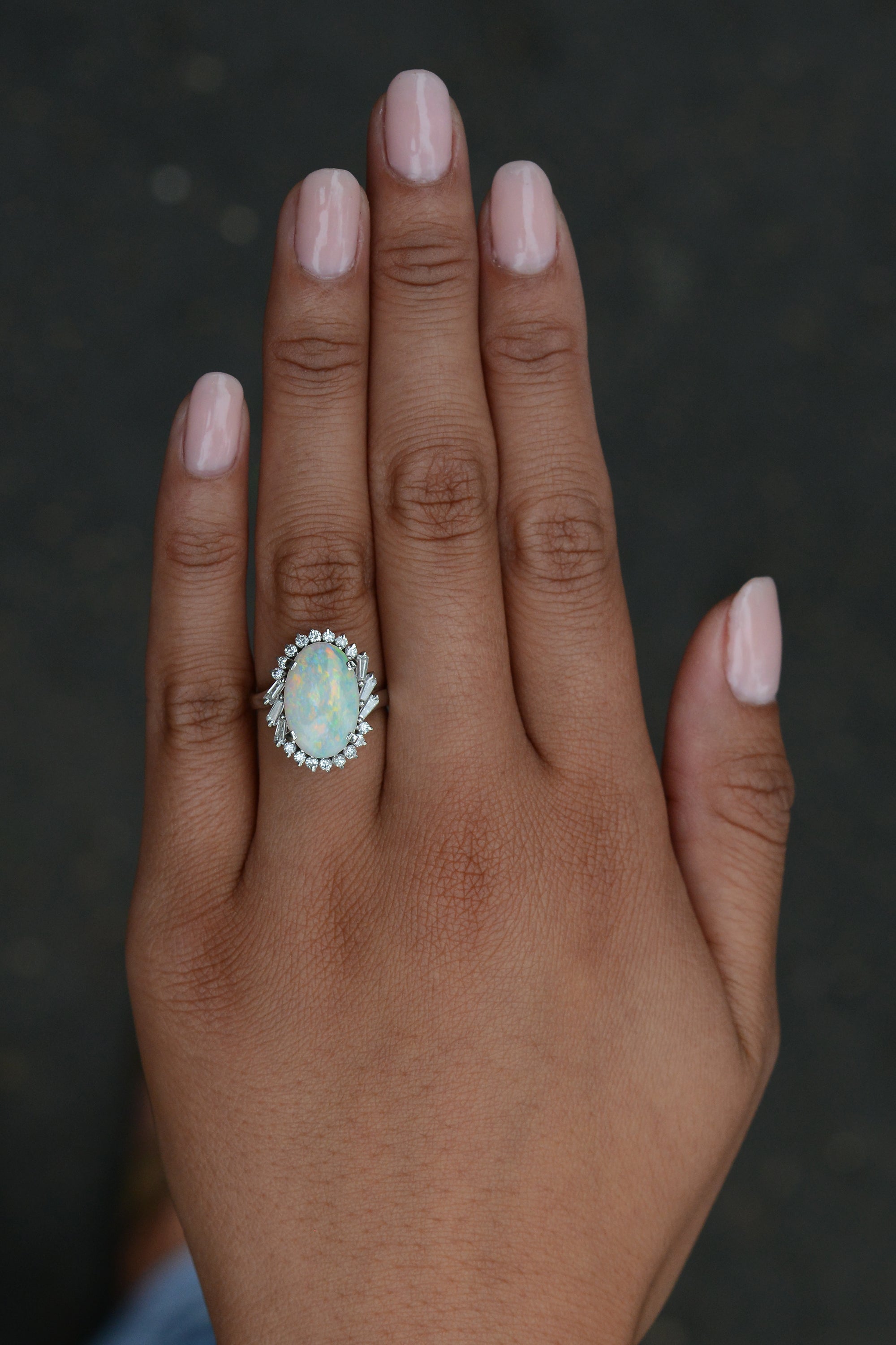 Mid Century Opal and Diamond Cocktail Ring