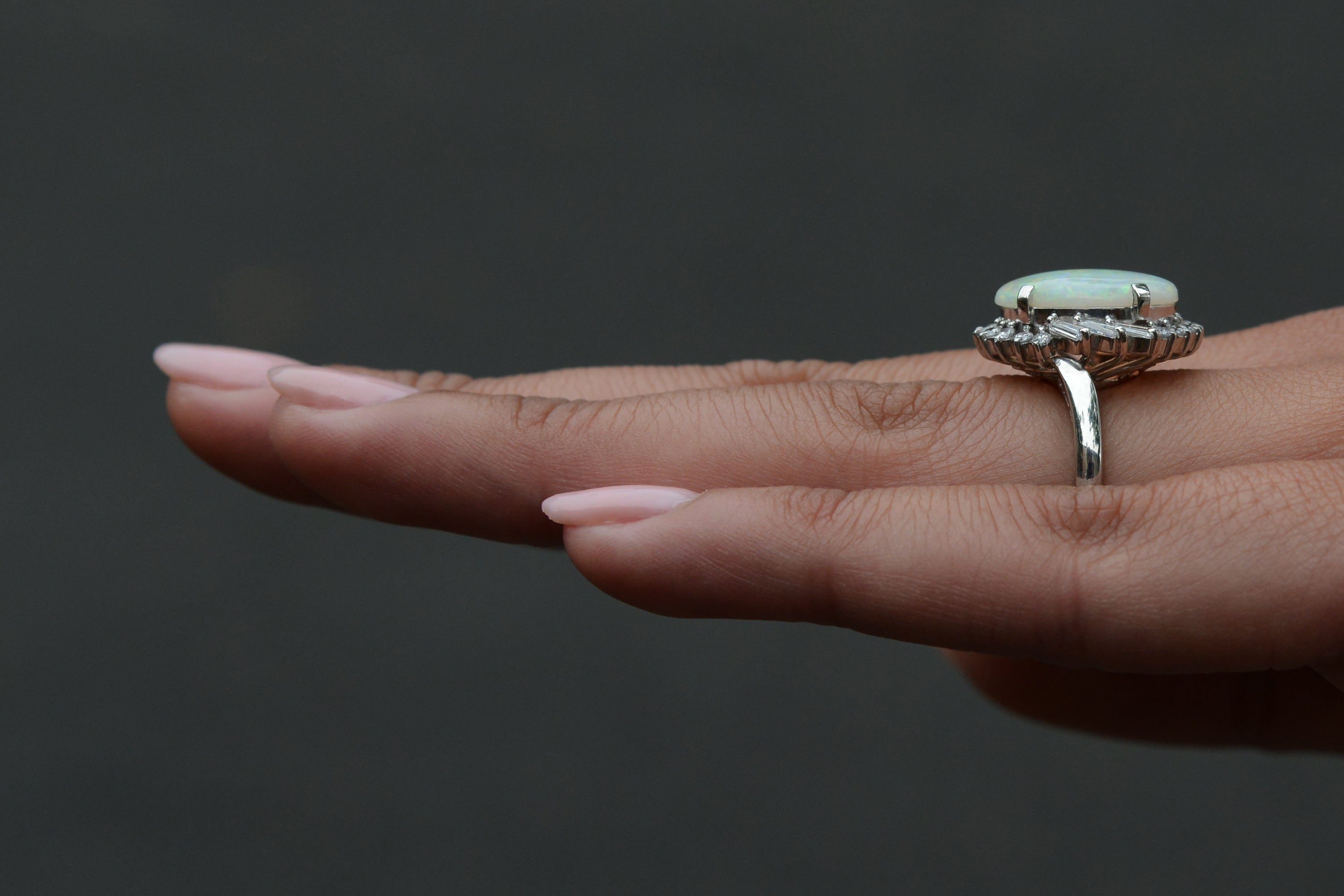 Mid Century Opal and Diamond Cocktail Ring