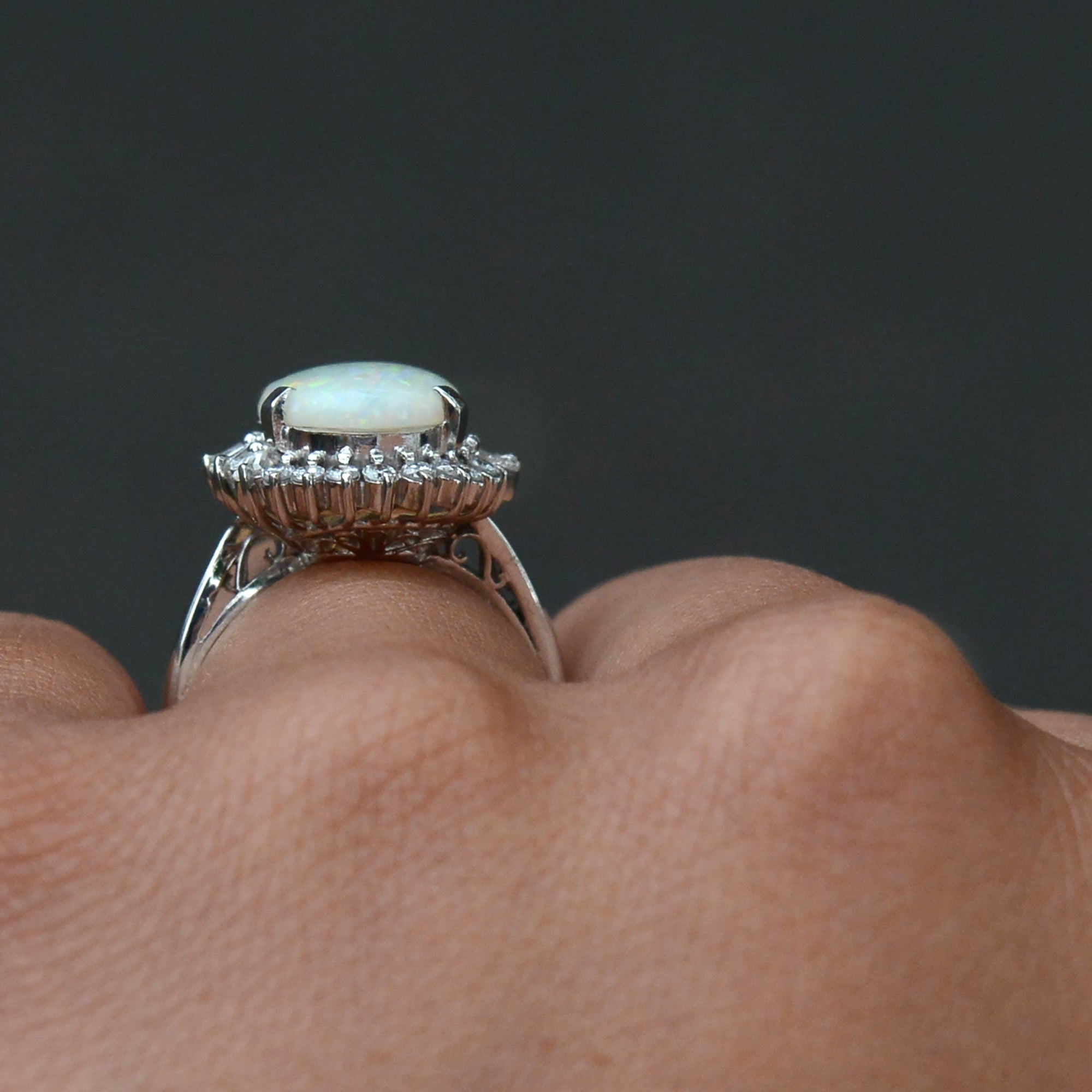 Mid Century Opal and Diamond Cocktail Ring