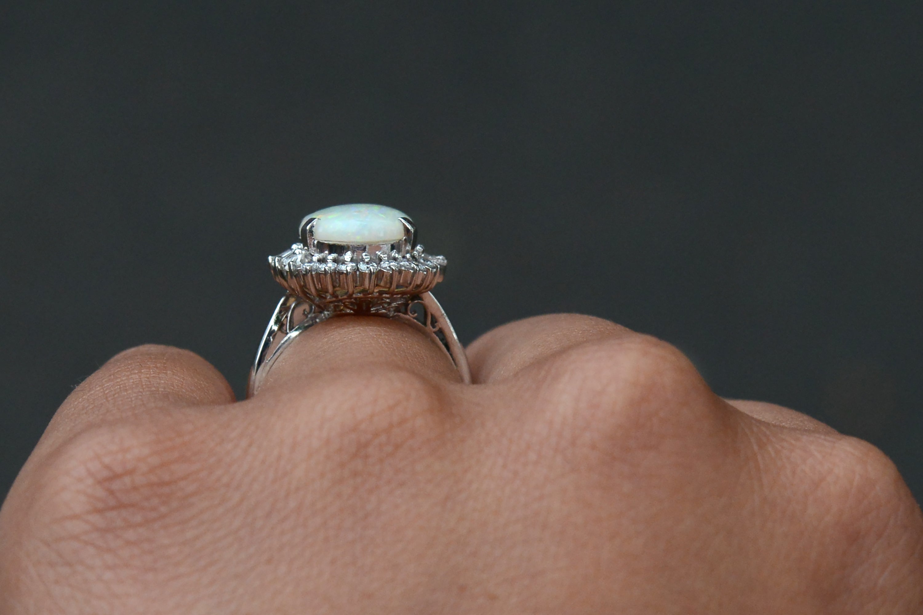 Mid Century Opal and Diamond Cocktail Ring
