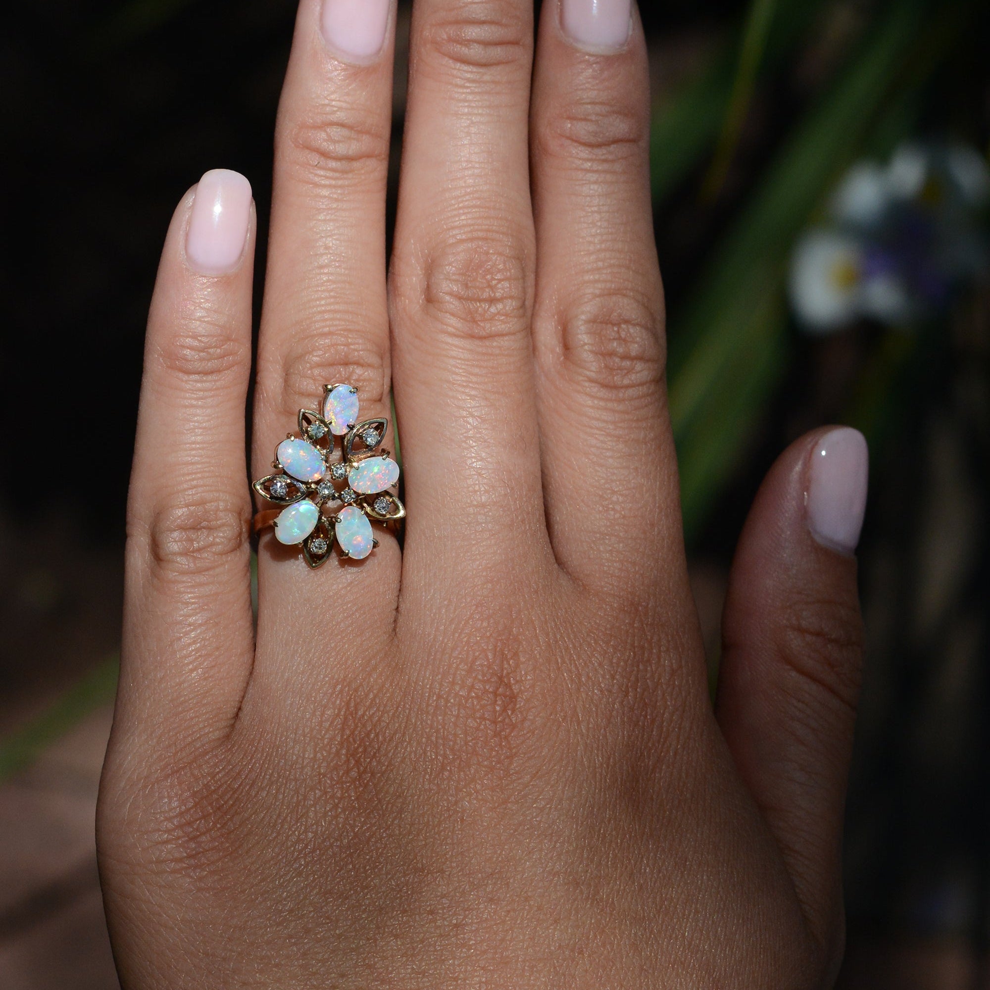Mid Century Opal Flower Cluster Cocktail Ring