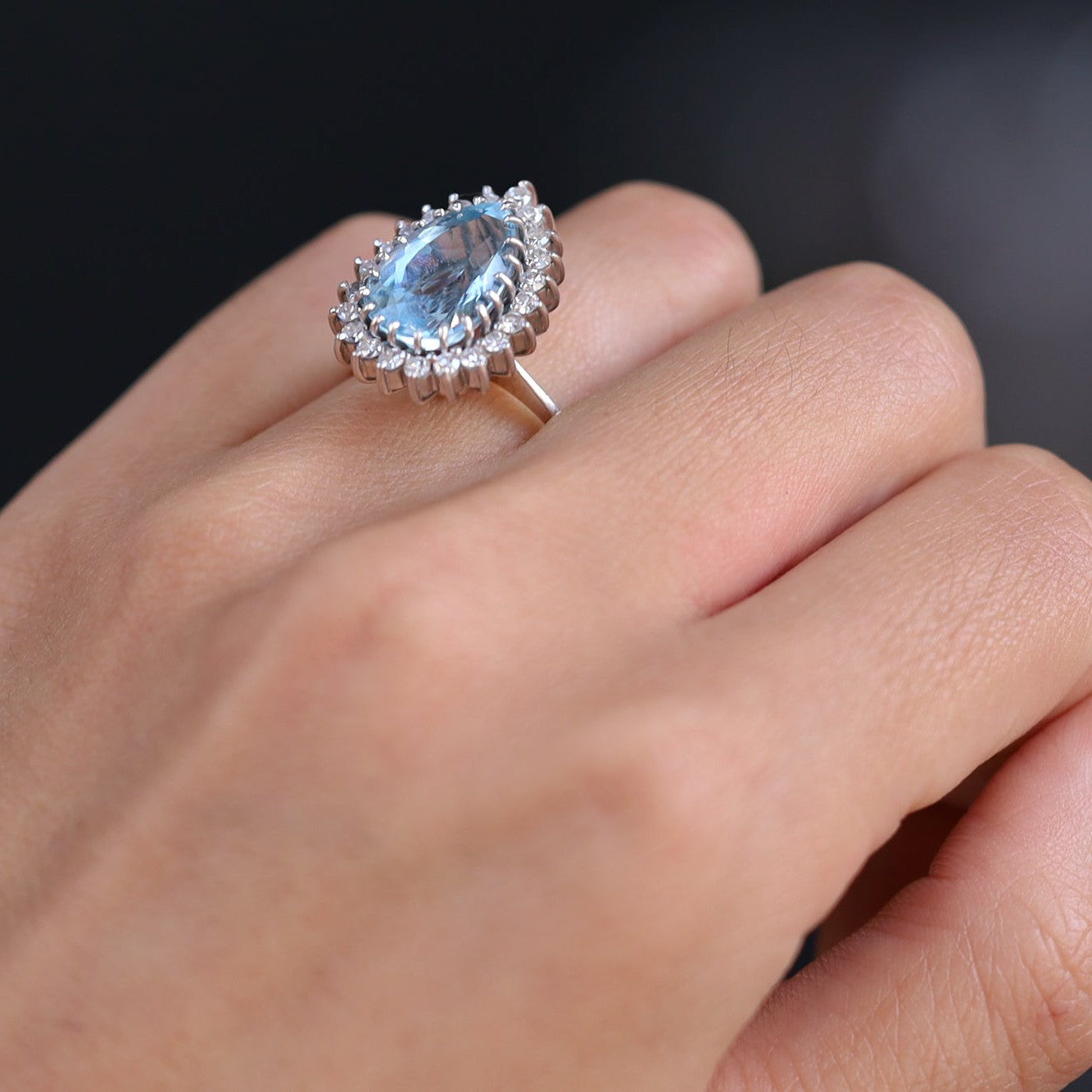 Mid Century Pear Cut 4.25 Carat Aquamarine & Diamond Ring