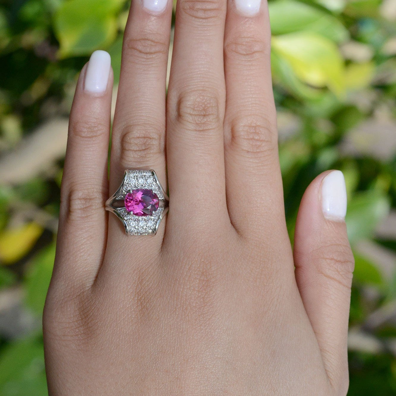 Mid Century Rubellite Tourmaline Pave' Diamond Ring
