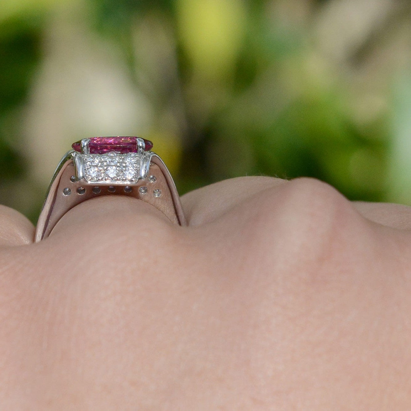 Mid Century Rubellite Tourmaline Pave' Diamond Ring