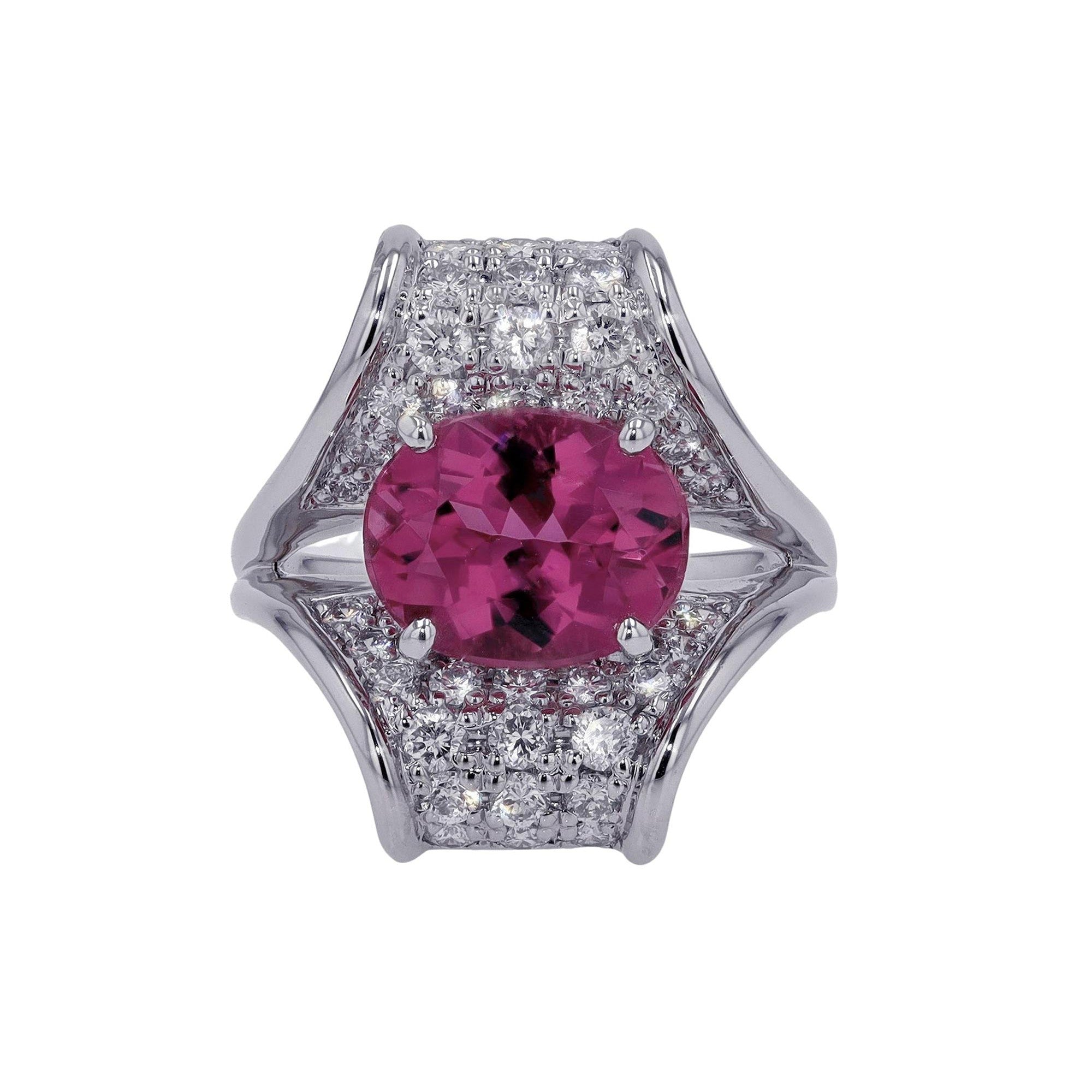 Mid Century Rubellite Tourmaline Pave' Diamond Ring