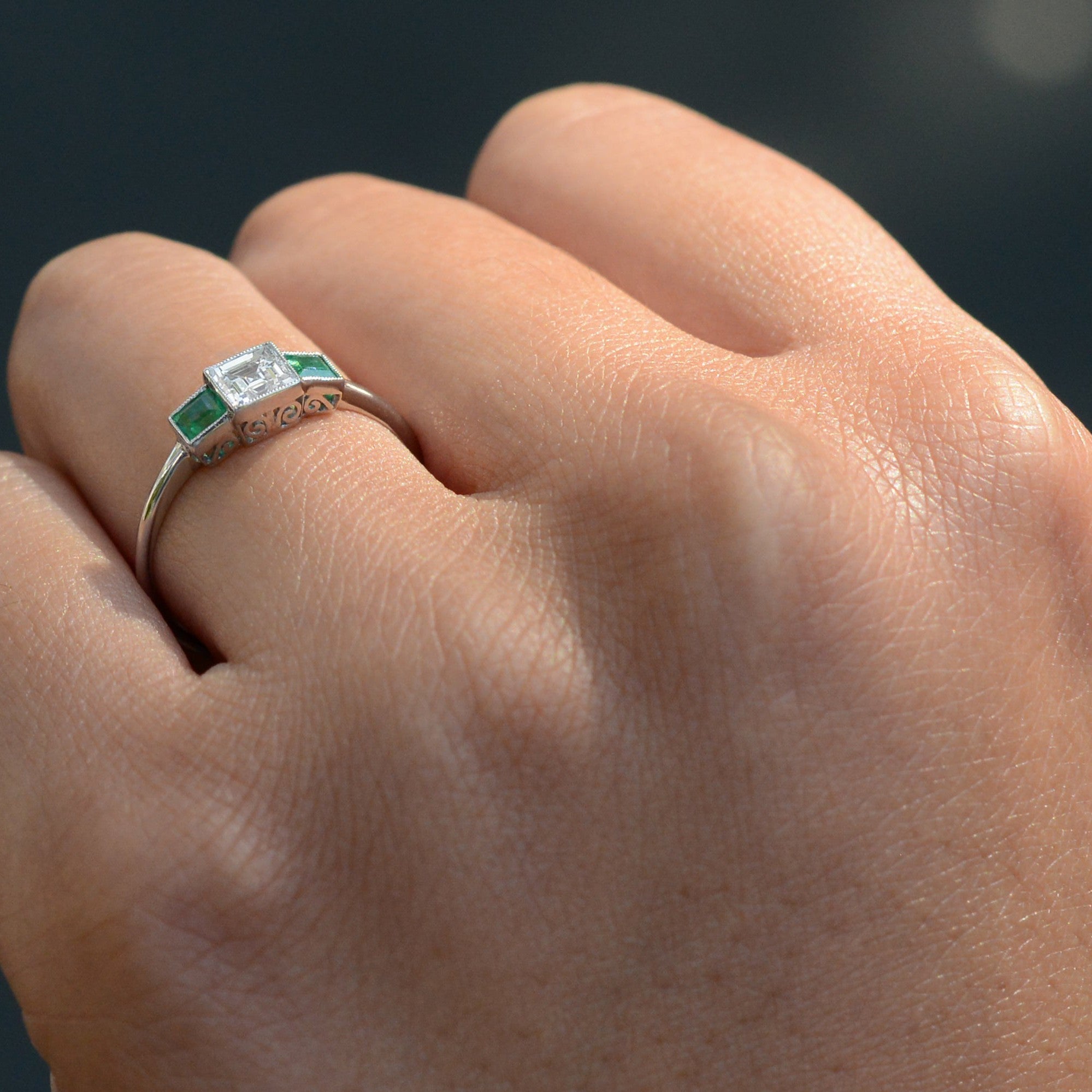 Minimalist Carre Cut Diamond Emerald 3 Stone Engagement Ring