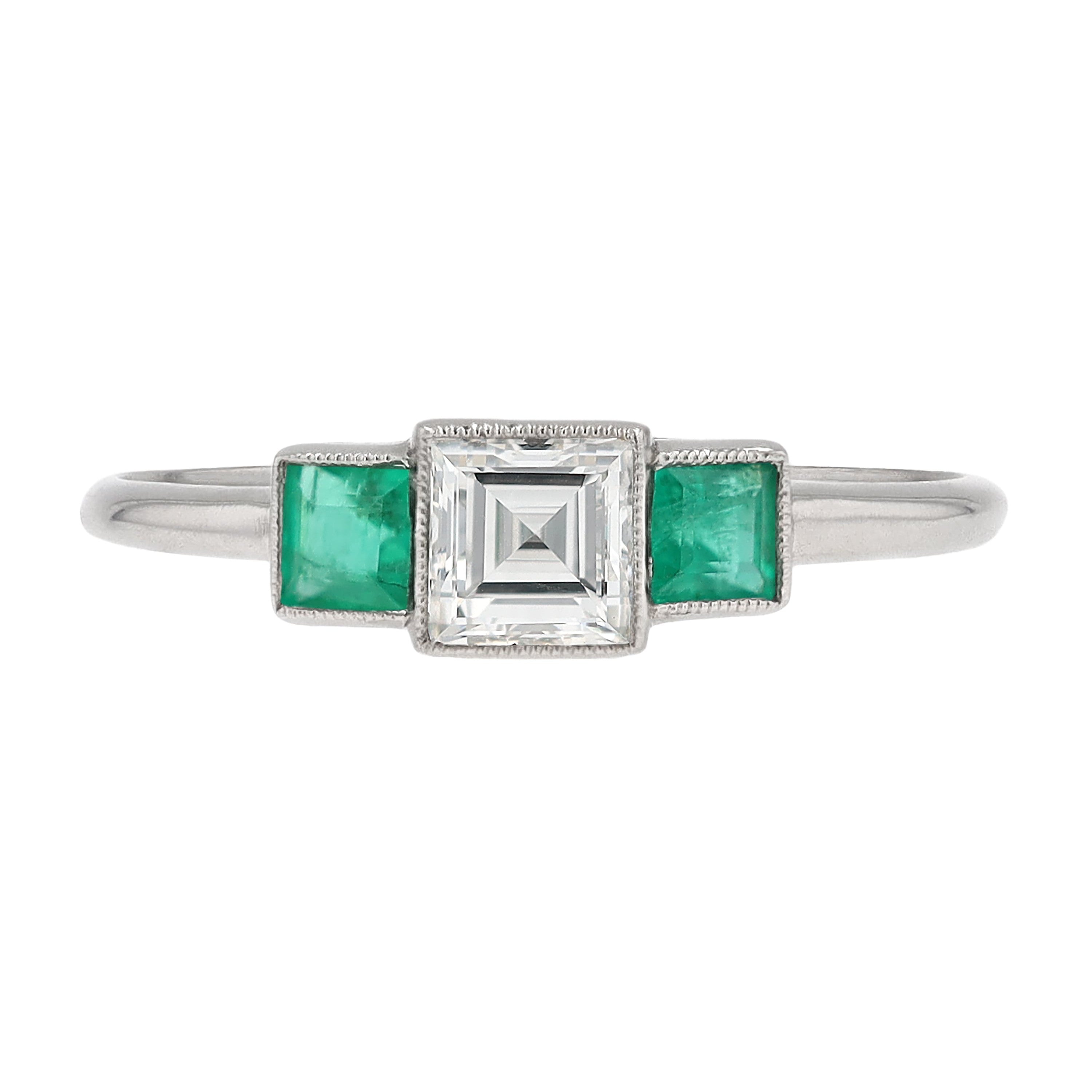 Minimalist Carre Cut Diamond Emerald 3 Stone Engagement Ring