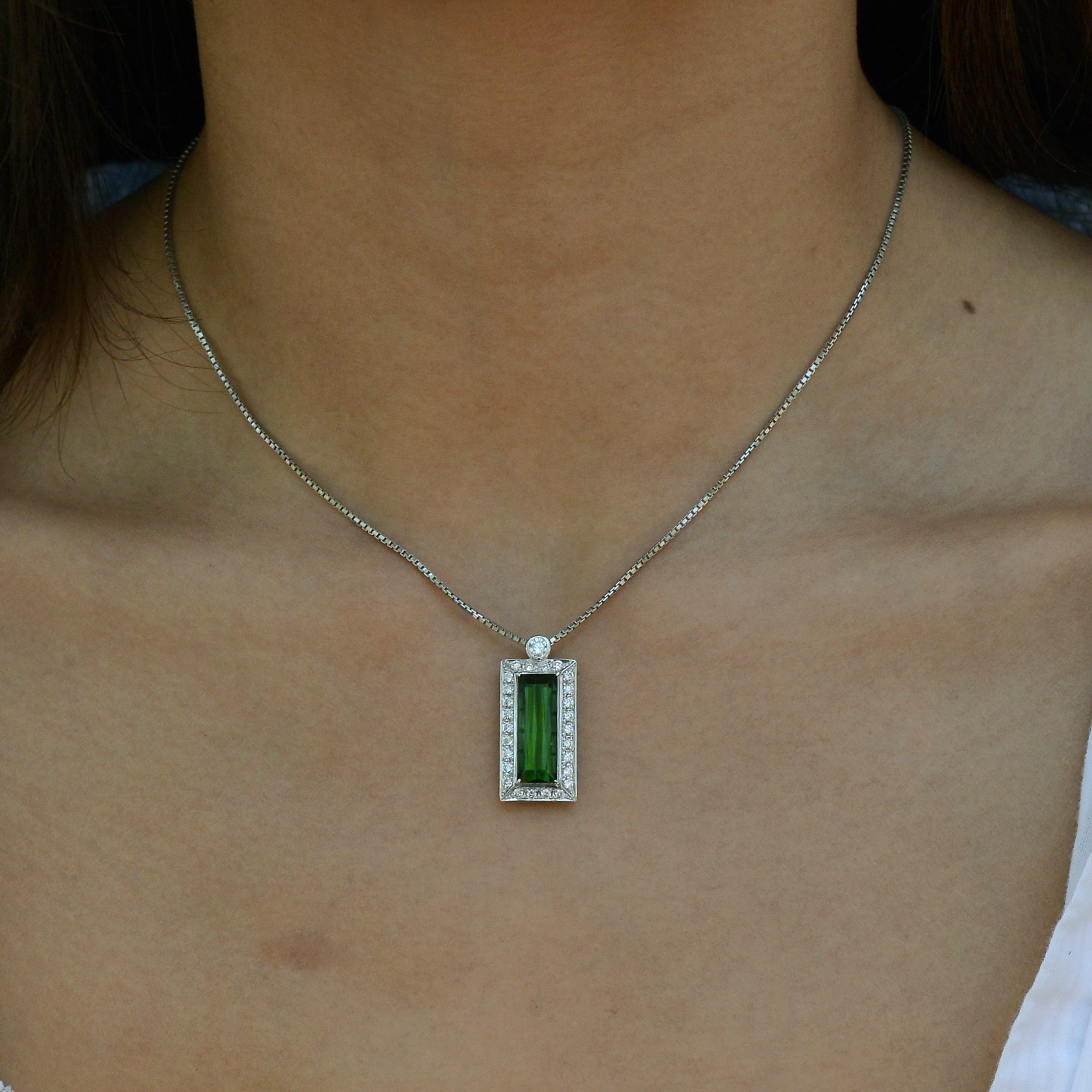 Modern 6 Carat Emerald Cut Green Tourmaline Diamond Pendant Necklace