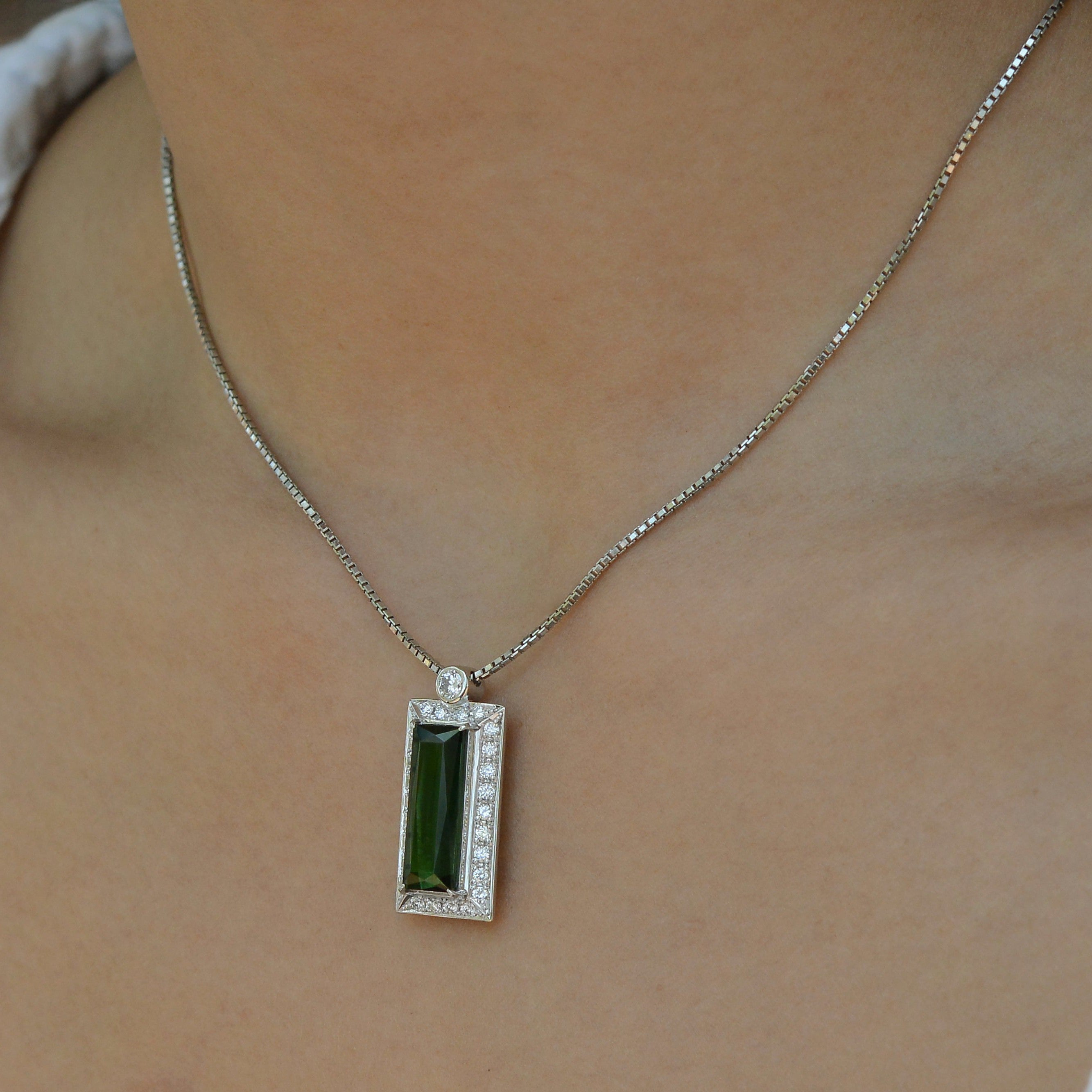 Modern 6 Carat Emerald Cut Green Tourmaline Diamond Pendant Necklace