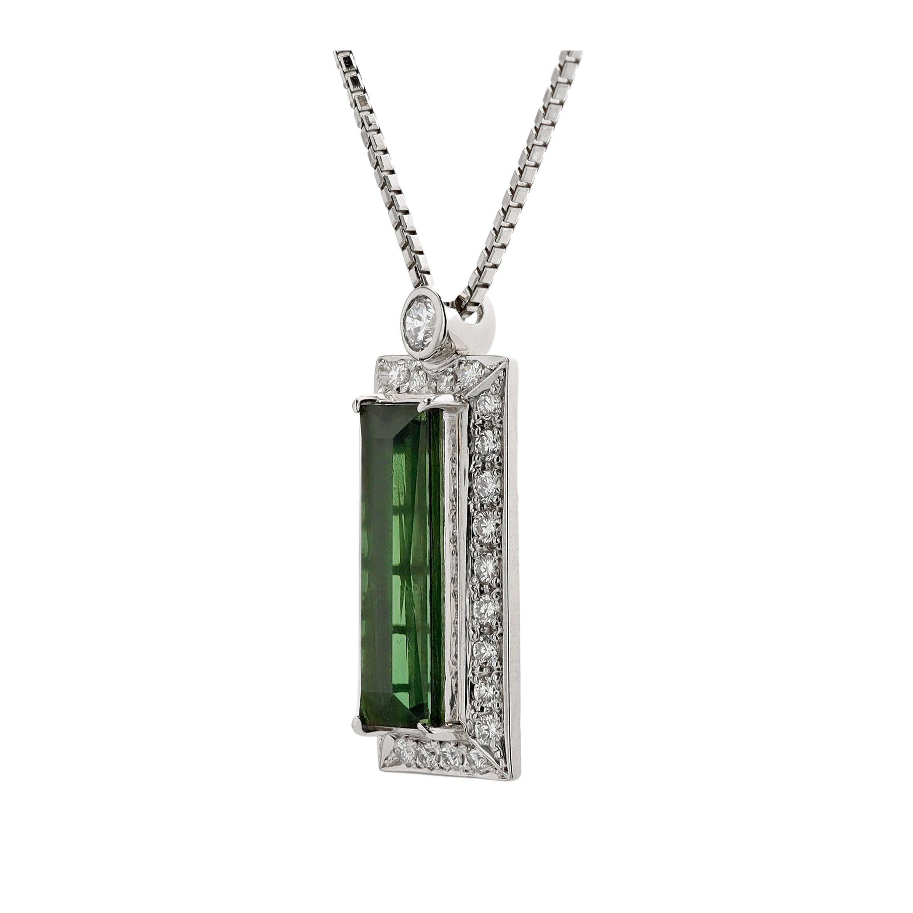 Modern 6 Carat Emerald Cut Green Tourmaline Diamond Pendant Necklace