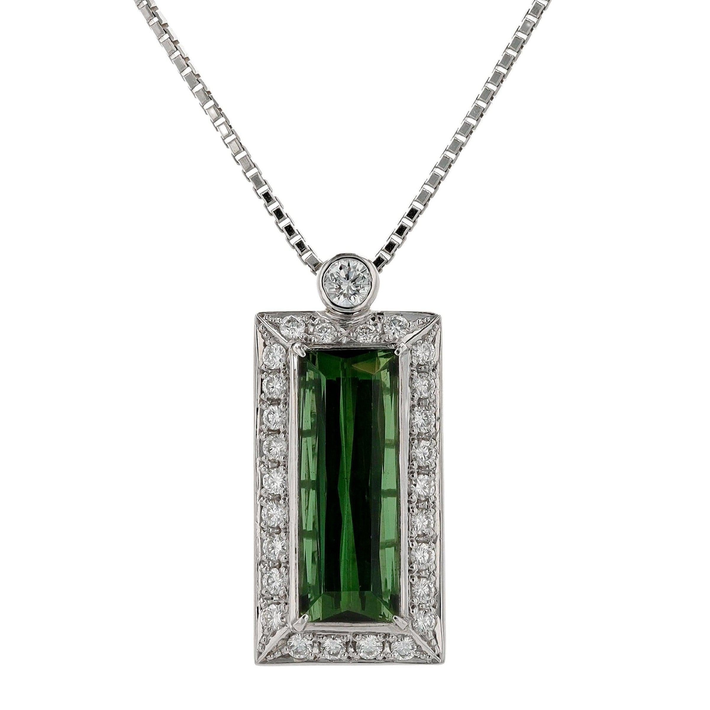 Modern 6 Carat Emerald Cut Green Tourmaline Diamond Pendant Necklace