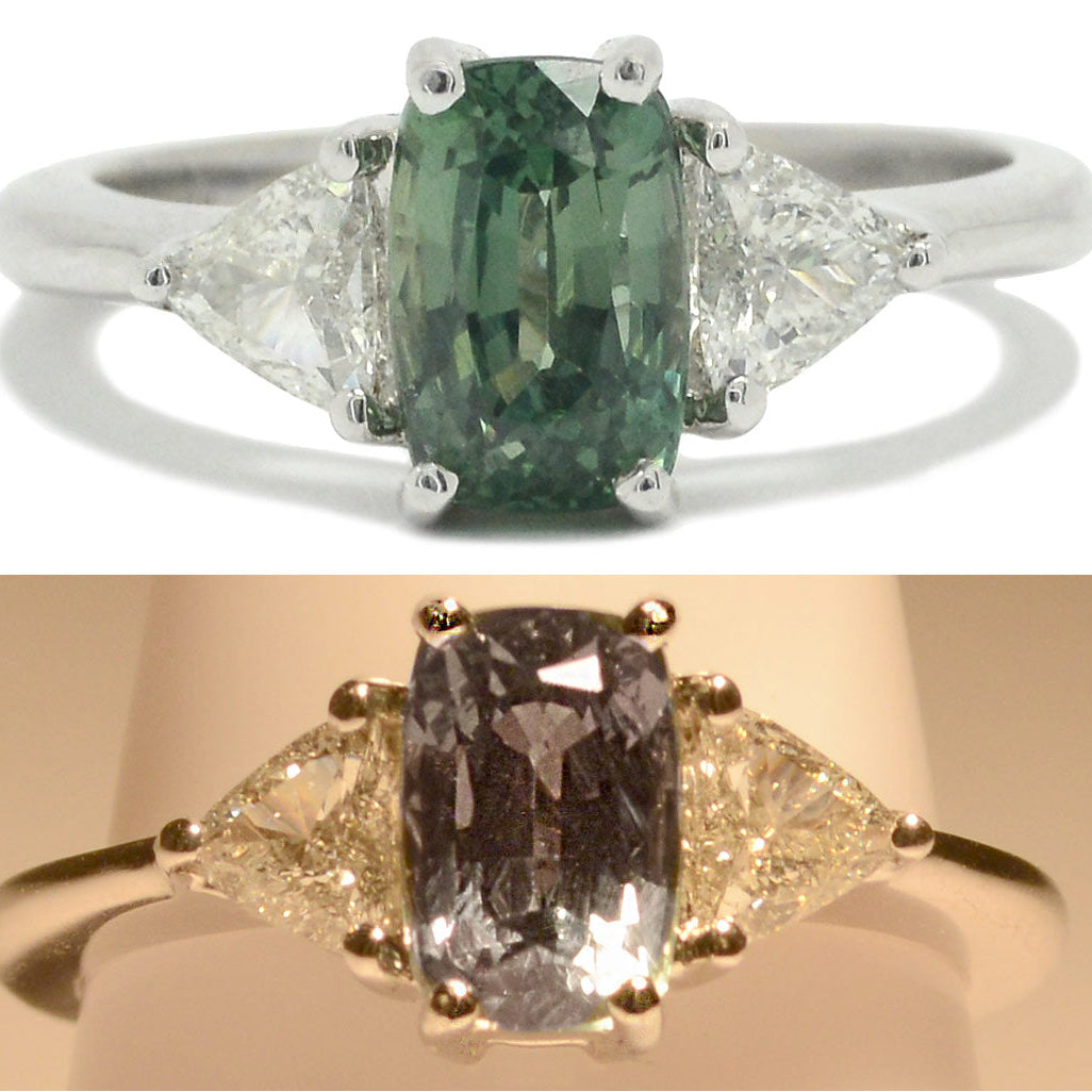 Under incandescent lighting this stunning gem changes color from green to purplish gray.