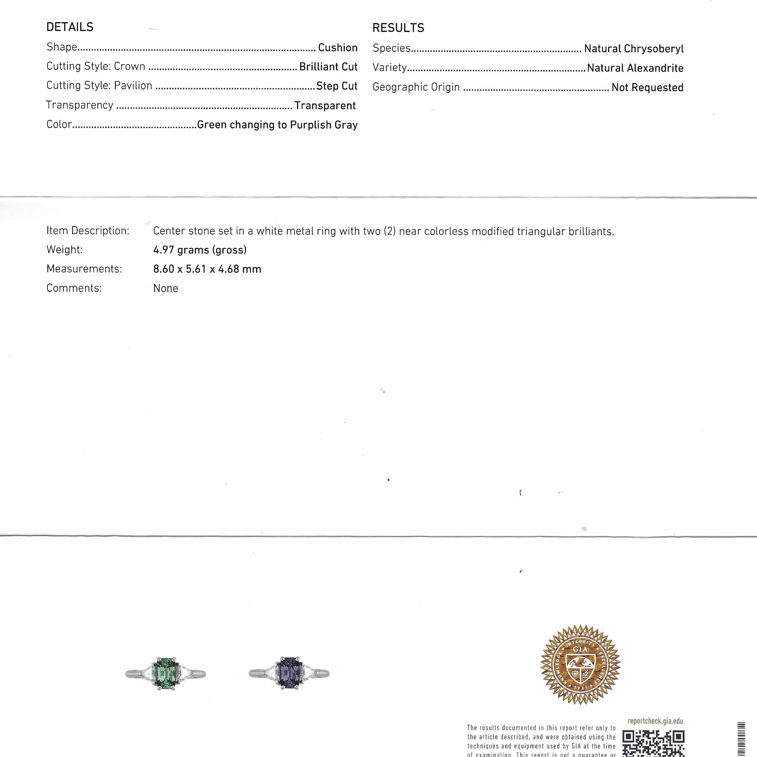 This gemstone has a strong, noticeable color shift from green to purplish gray.