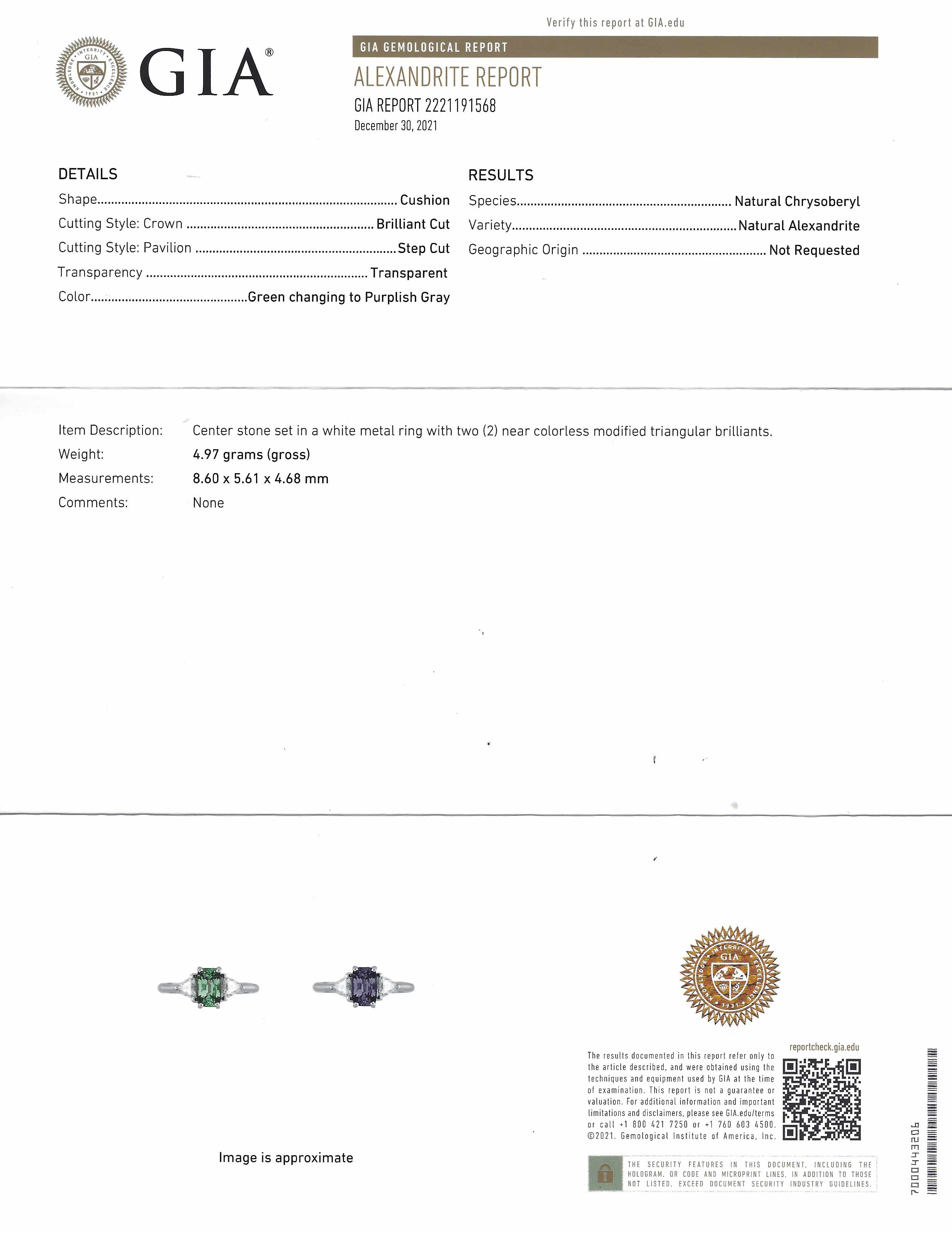 This gemstone has a strong, noticeable color shift from green to purplish gray.