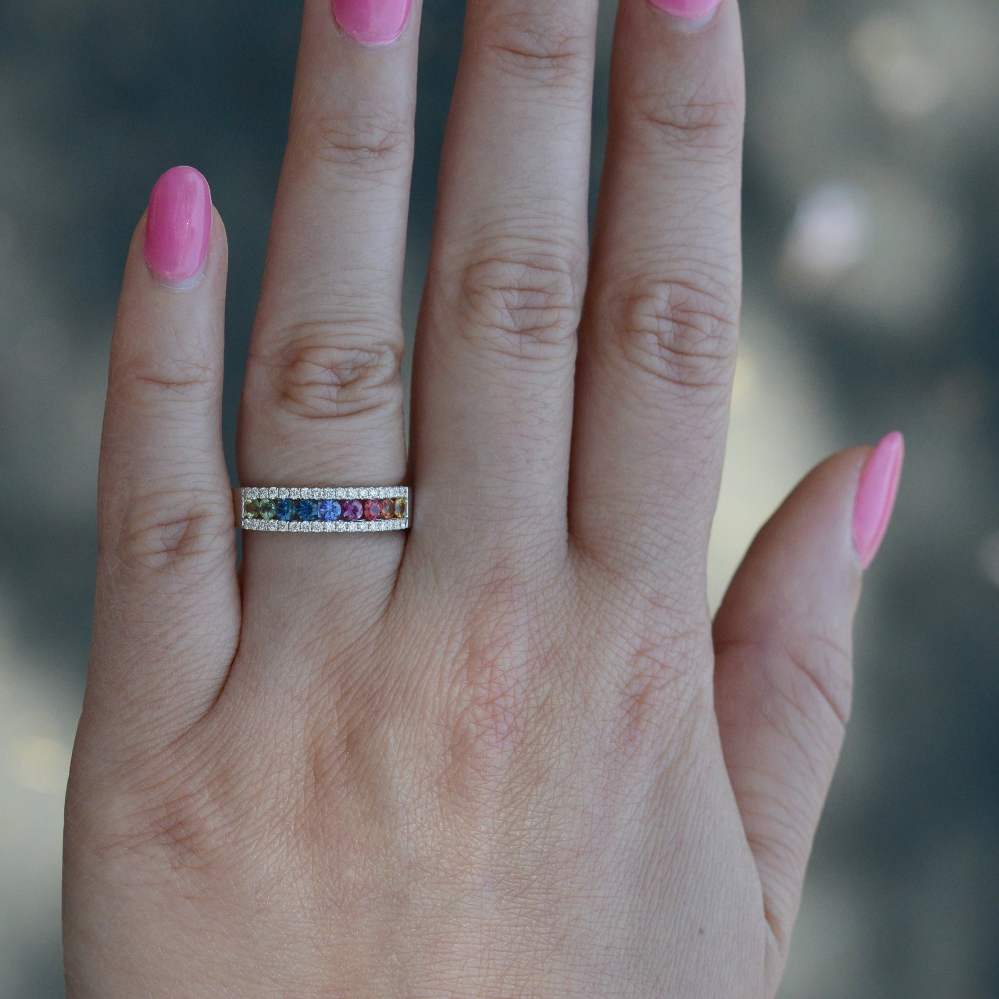 New Rainbow Sapphire & Diamond Wedding Band Engagement Ring