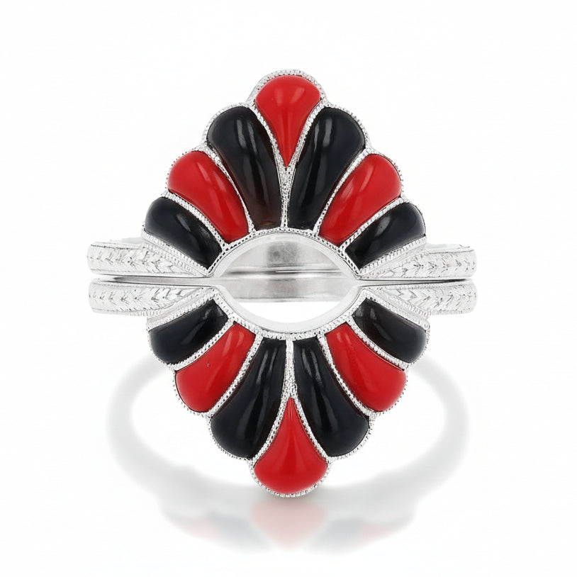 Vintage Art Deco Revival Onyx & Coral White Gold Ring Jacket