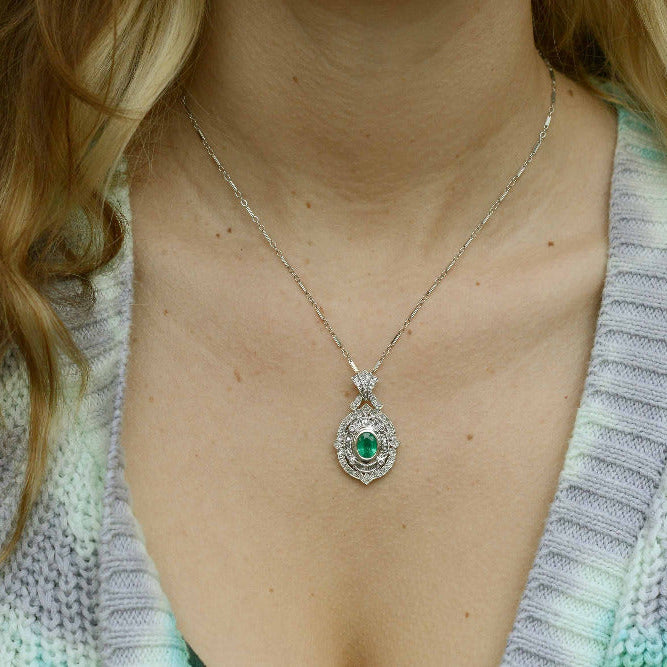 Ornate Art Deco Style Estate Emerald & Diamond Necklace