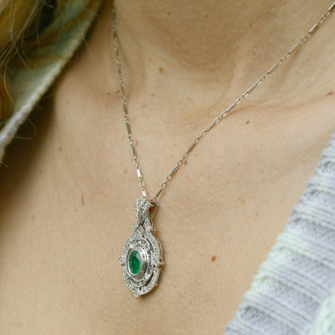 Ornate Art Deco Style Estate Emerald & Diamond Necklace