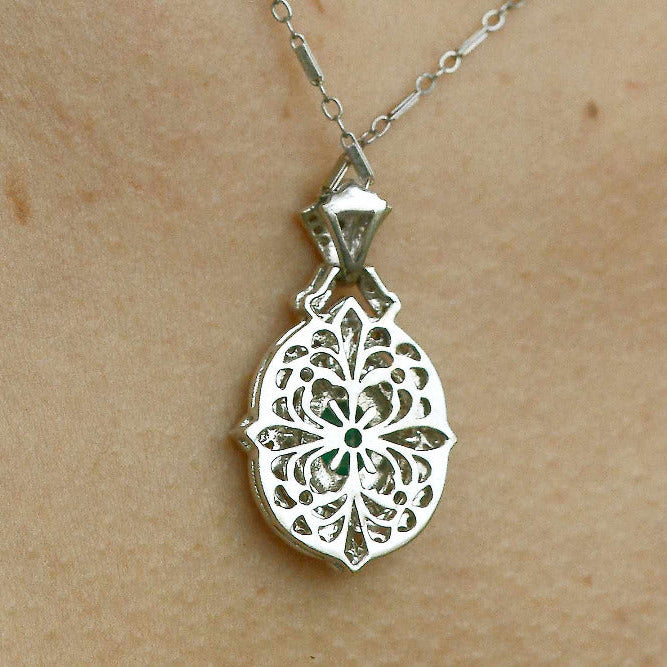 Ornate Art Deco Style Estate Emerald & Diamond Necklace