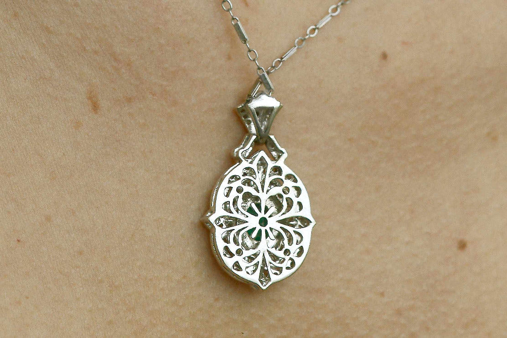 Ornate Art Deco Style Estate Emerald & Diamond Necklace