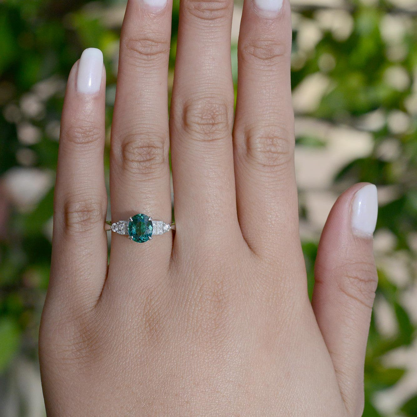 Oval Blue-Green Tourmaline Diamond Engagement Ring