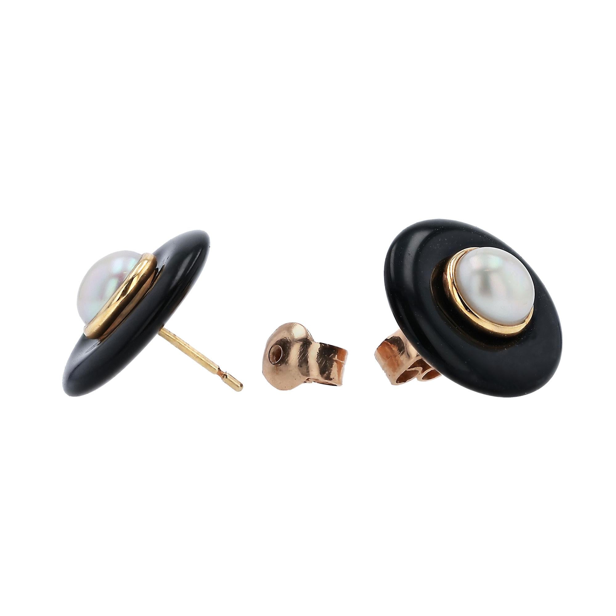 Art Deco Cultured Pearl and Onyx 14k Gold Vintage Stud Earrings