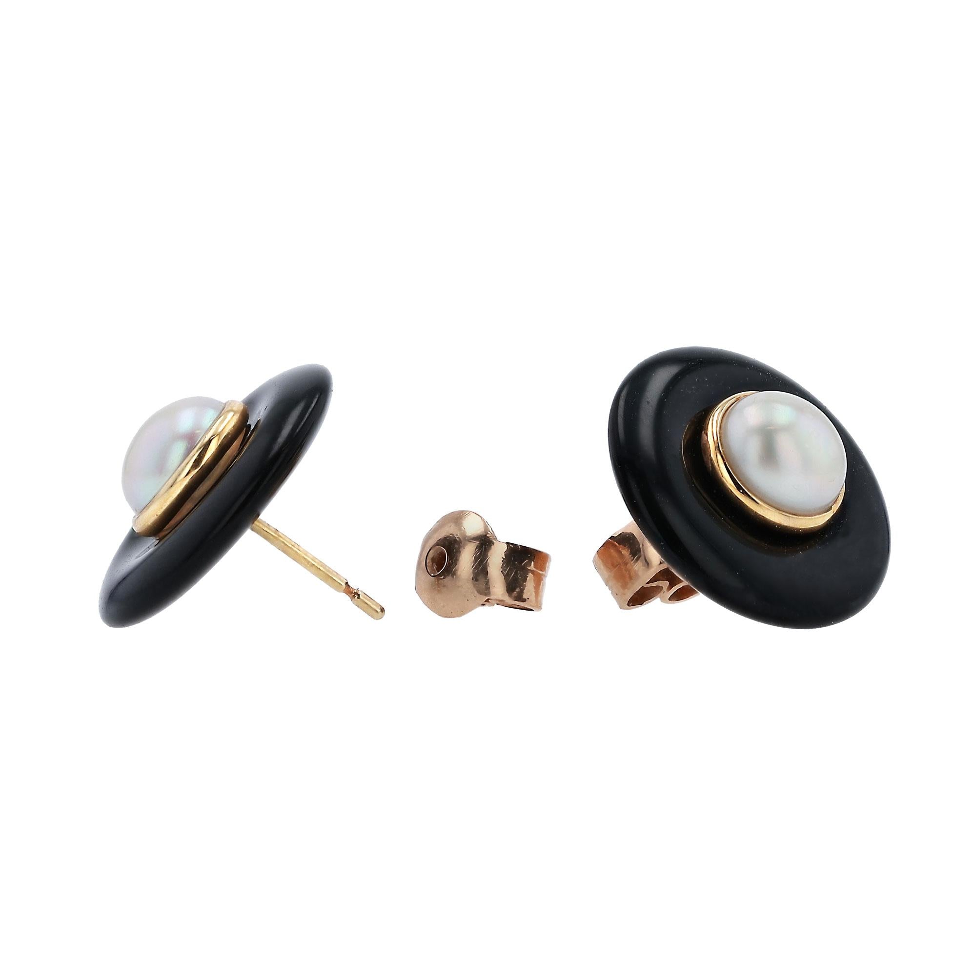Art Deco Cultured Pearl and Onyx 14k Gold Vintage Stud Earrings