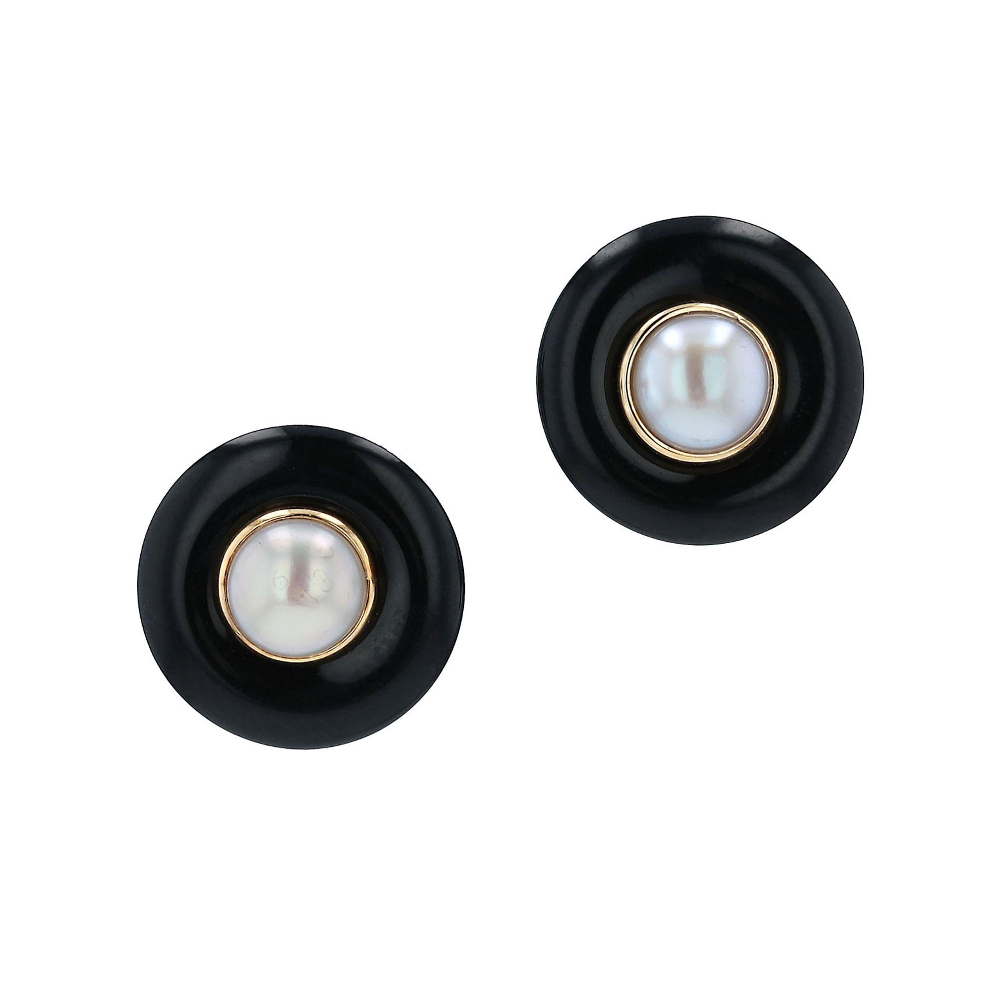Vintage Pearl & Onyx 14k Stud Earrings
