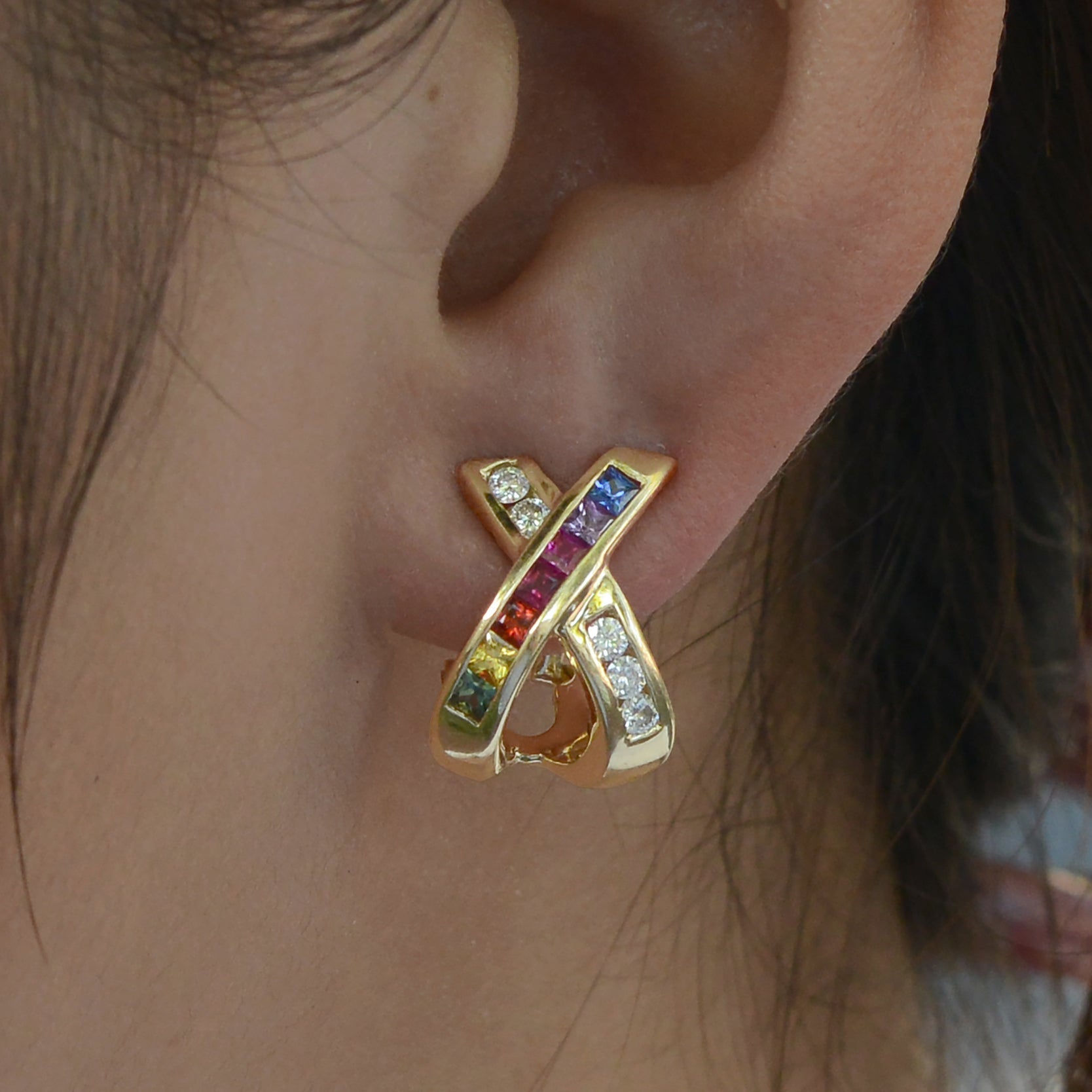 Rainbow Sapphire and Diamond X Earrings