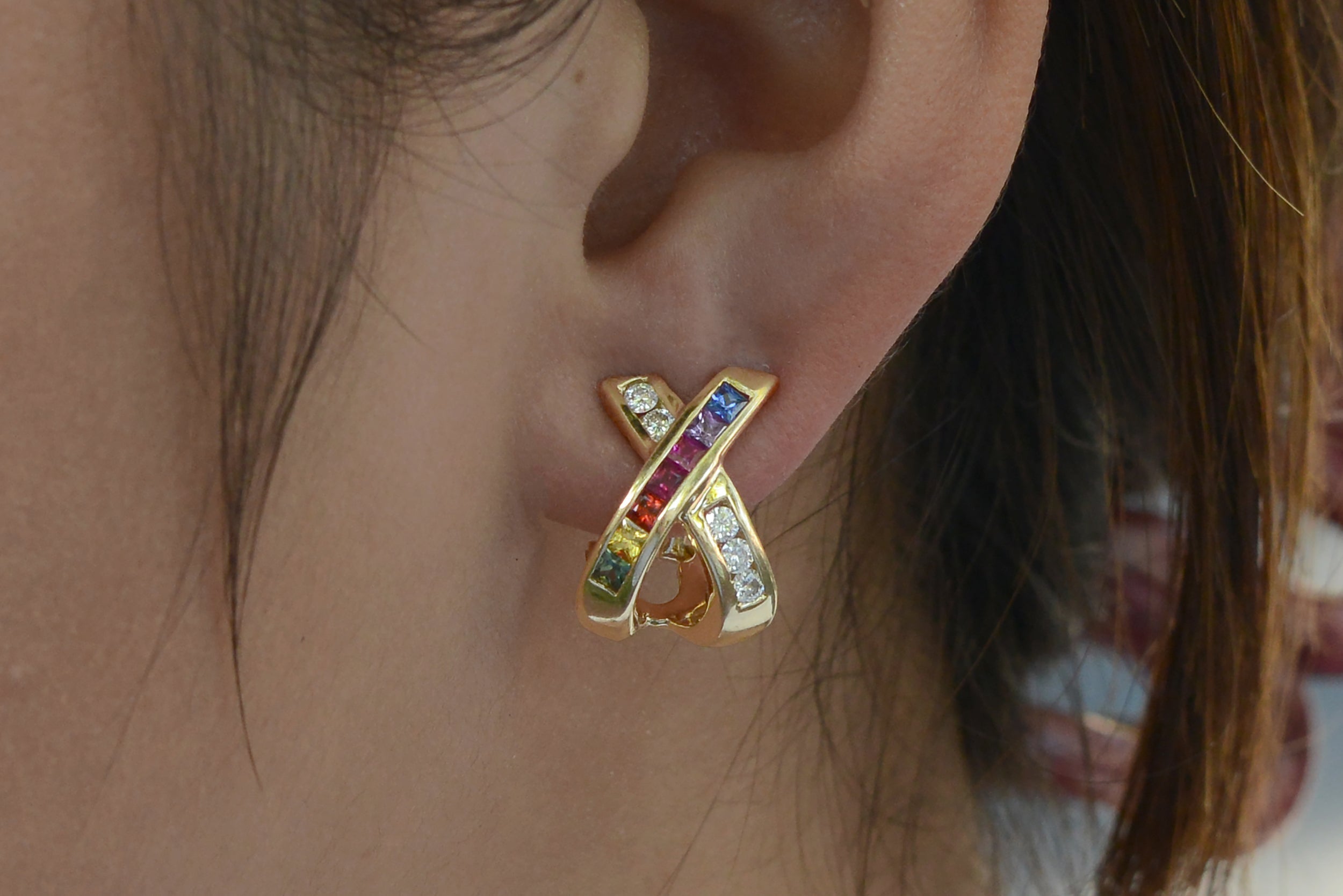 Rainbow Sapphire and Diamond X Earrings