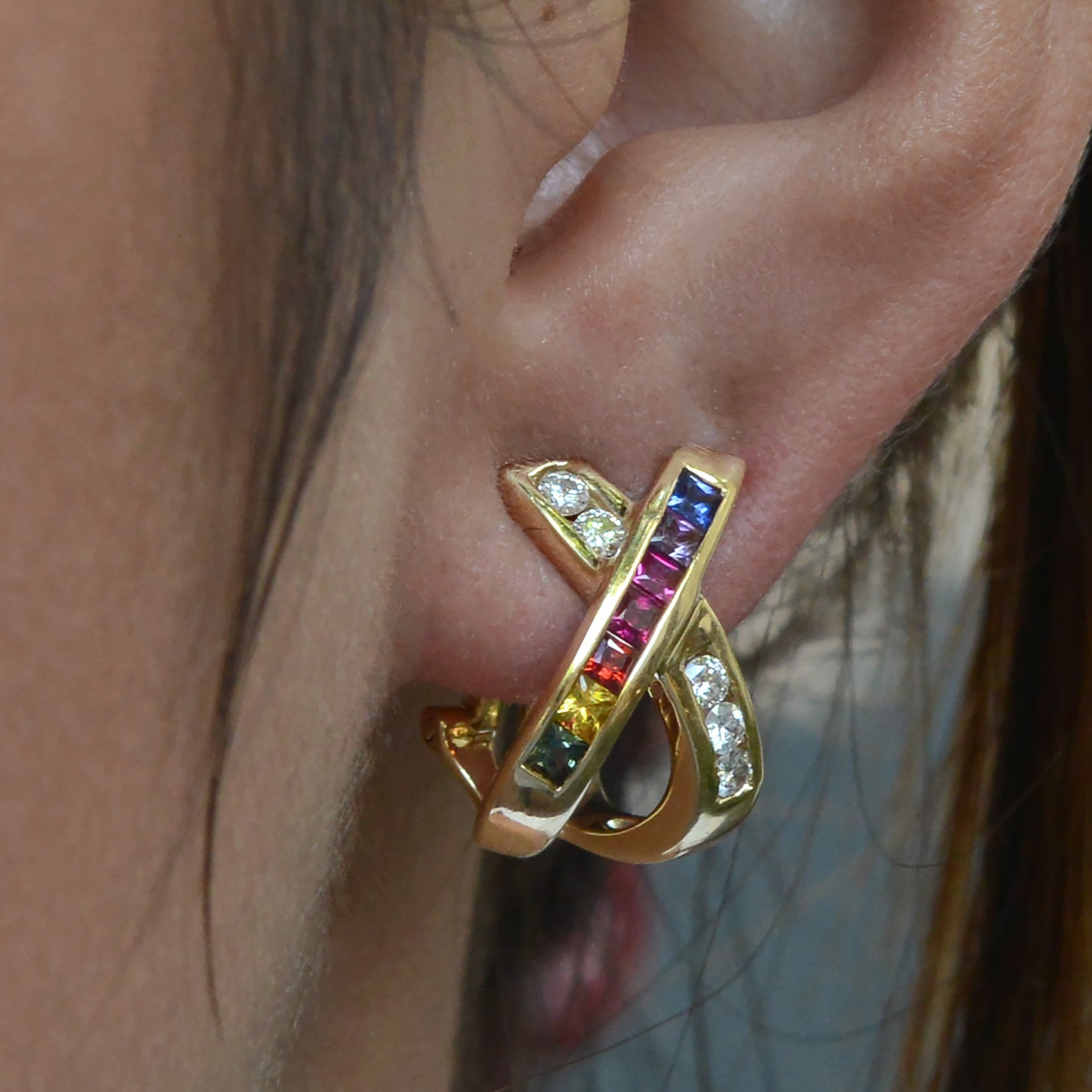 Rainbow Sapphire and Diamond X Earrings
