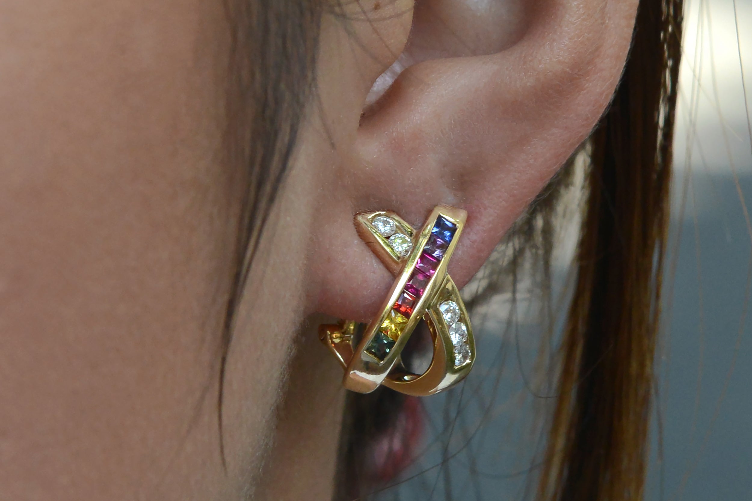 Rainbow Sapphire and Diamond X Earrings