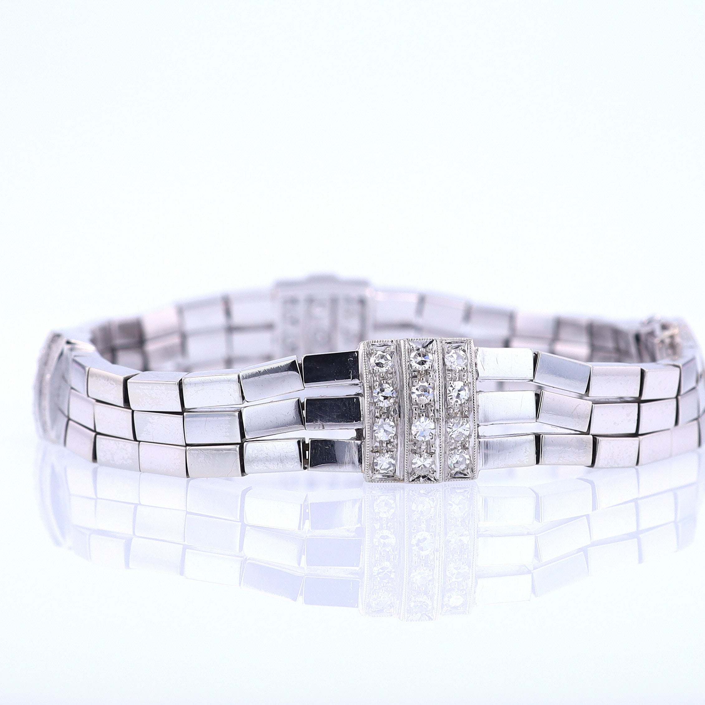 Retro 3 Strand 18k White Gold Pavé Diamond Bracelet