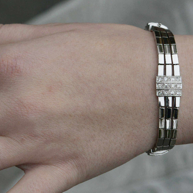 Retro 3 Strand 18k White Gold Pavé Diamond Bracelet