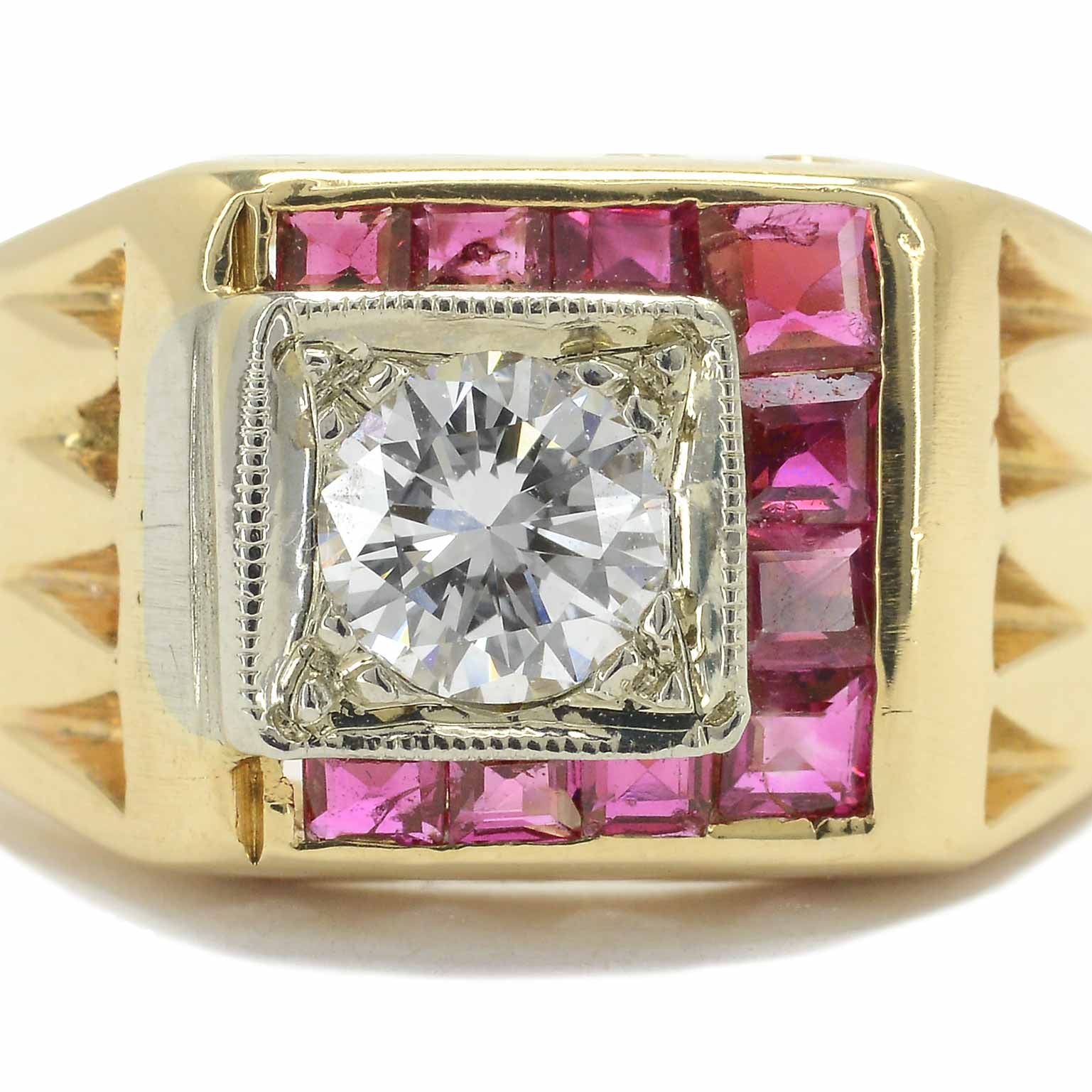 This ruby and diamond mens geometric unisex pinky ring was crafted in the retro period 1940's.