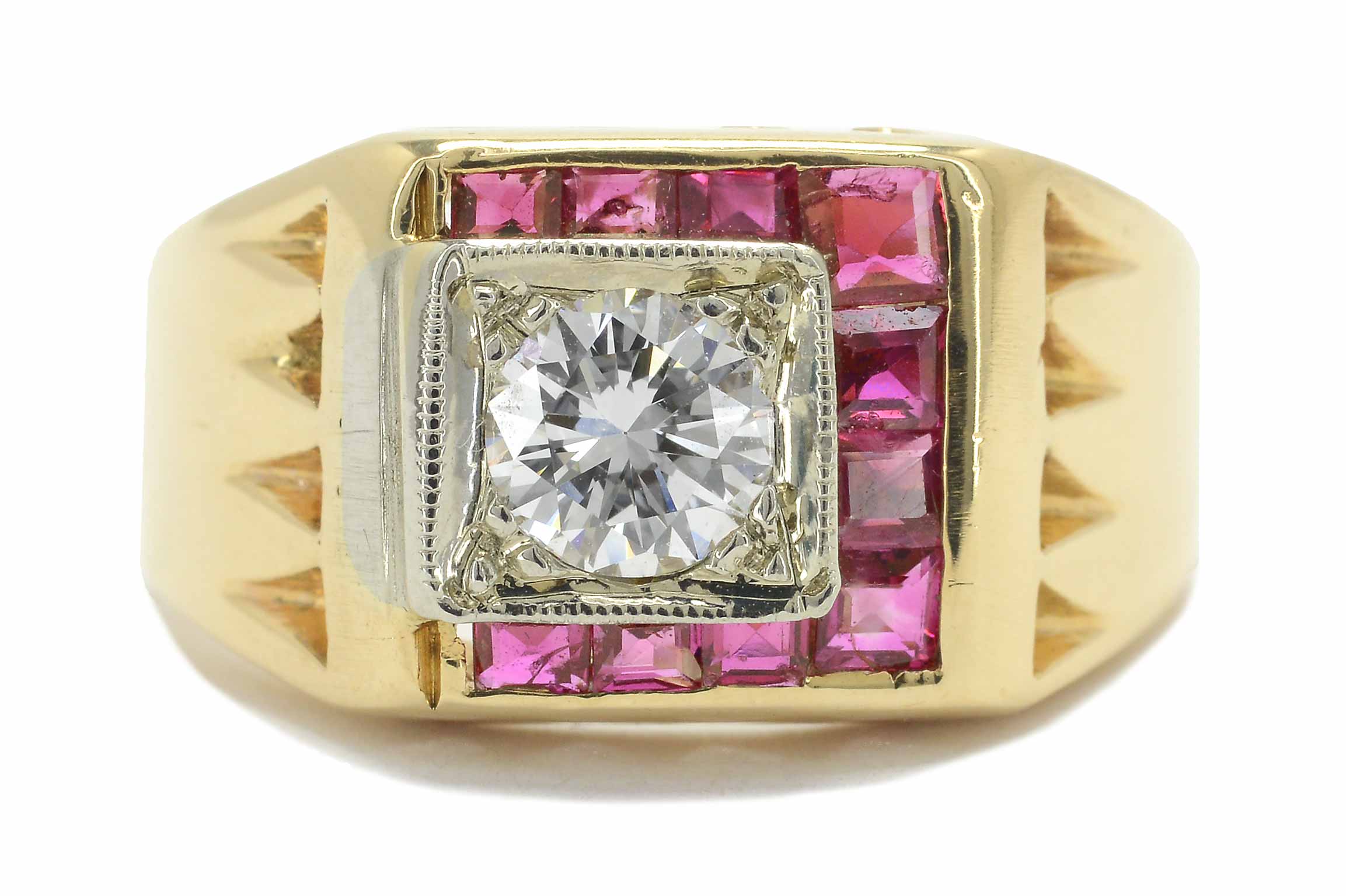 This ruby and diamond mens geometric unisex pinky ring was crafted in the retro period 1940's.