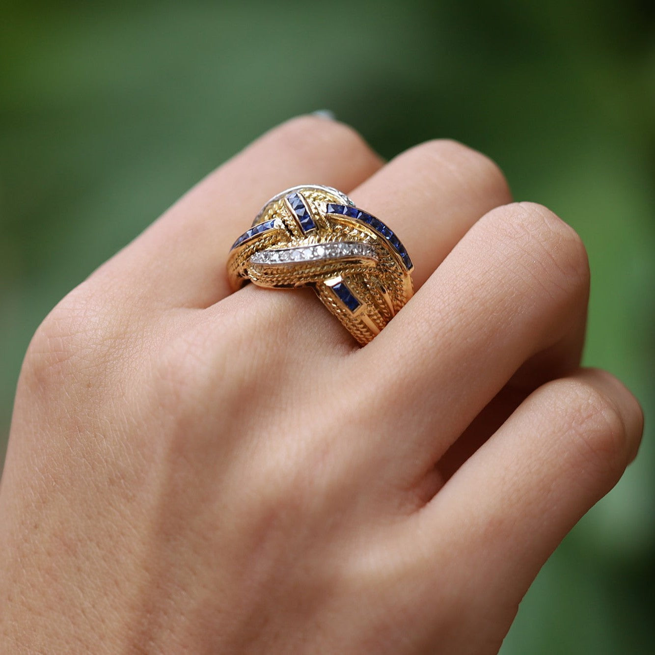 Braided Sapphire and Diamond Mid-Century Statement Ring
