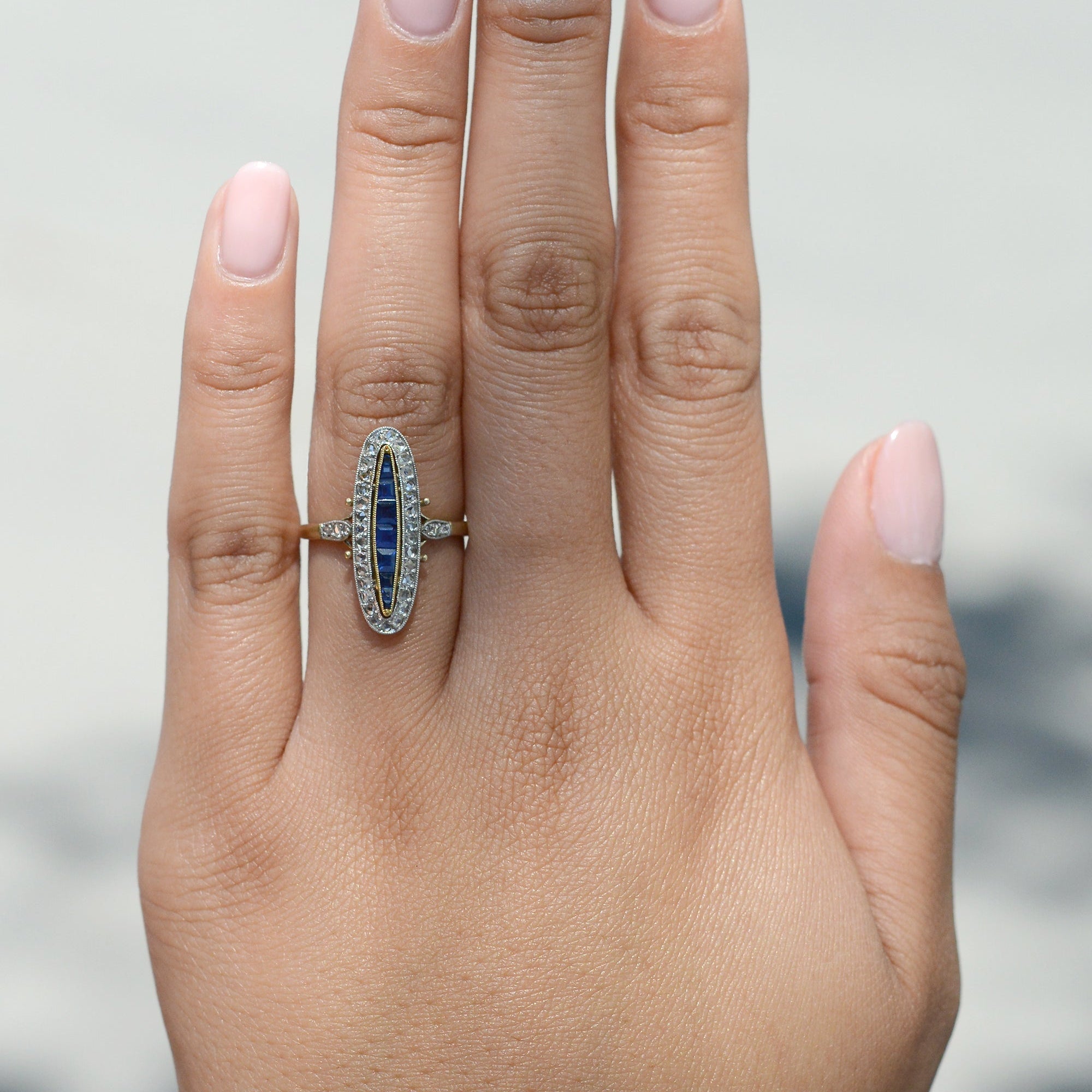 Sapphire and Diamond Edwardian Navette Ring