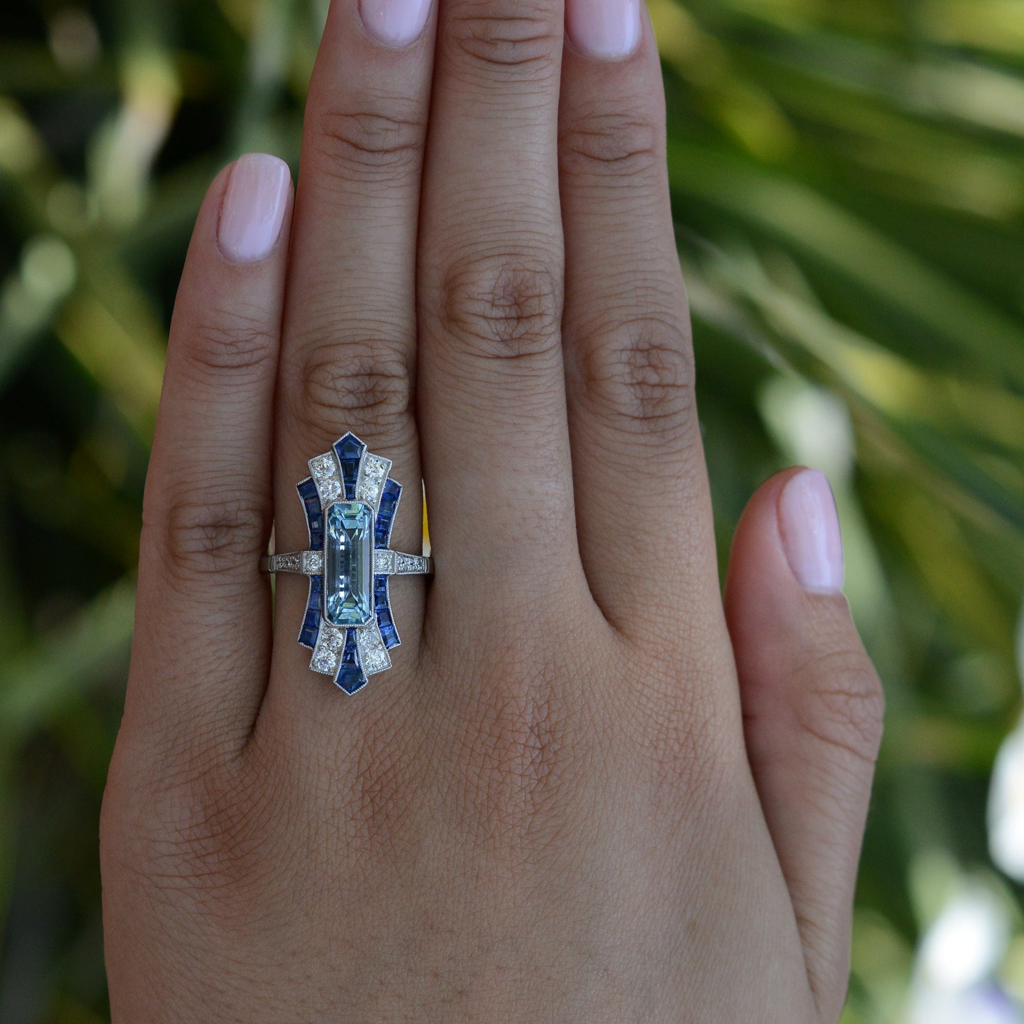 Sleek Art Deco Aquamarine and Sapphire Long Cocktail Ring