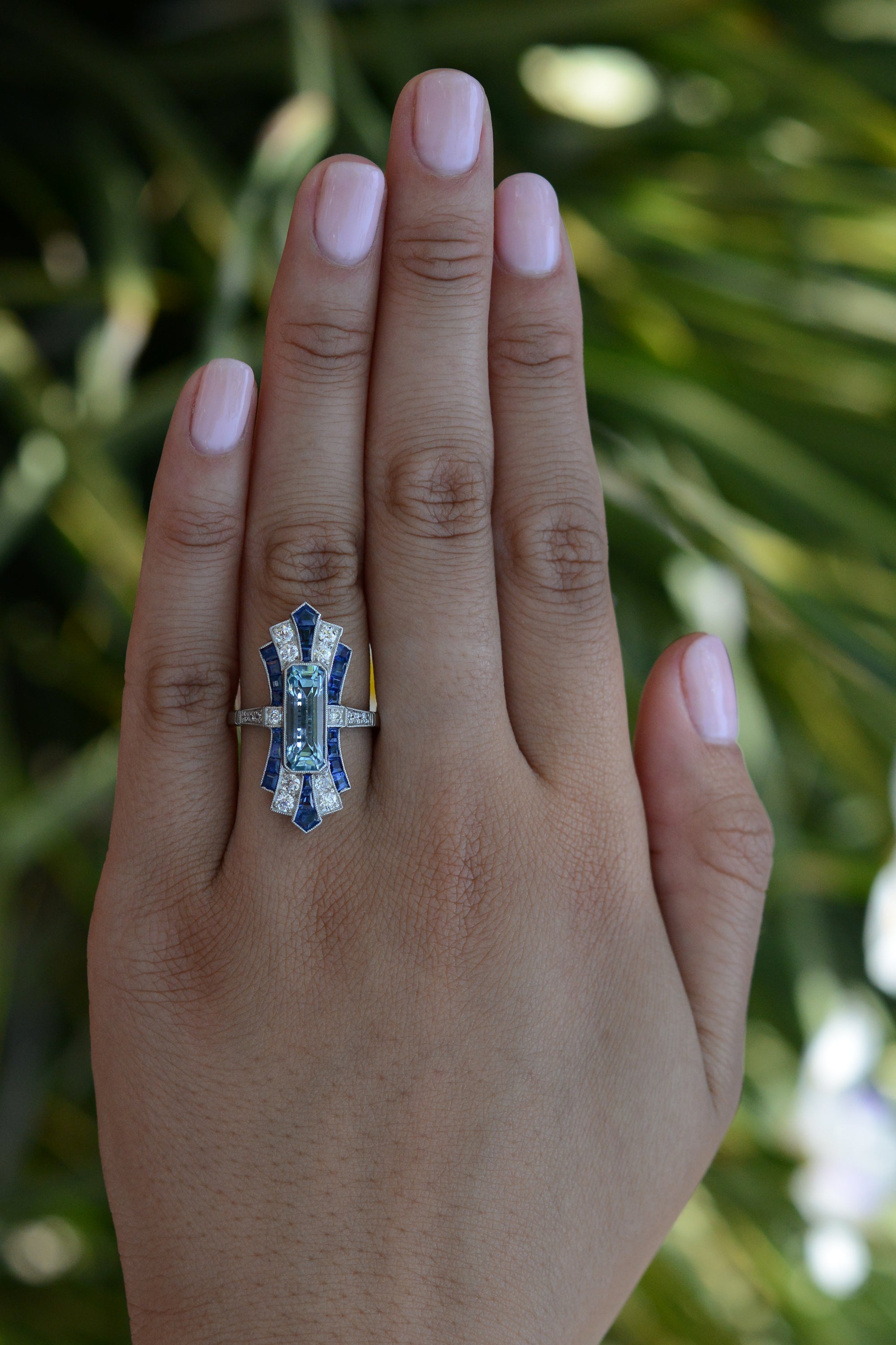 Sleek Art Deco Aquamarine and Sapphire Long Cocktail Ring