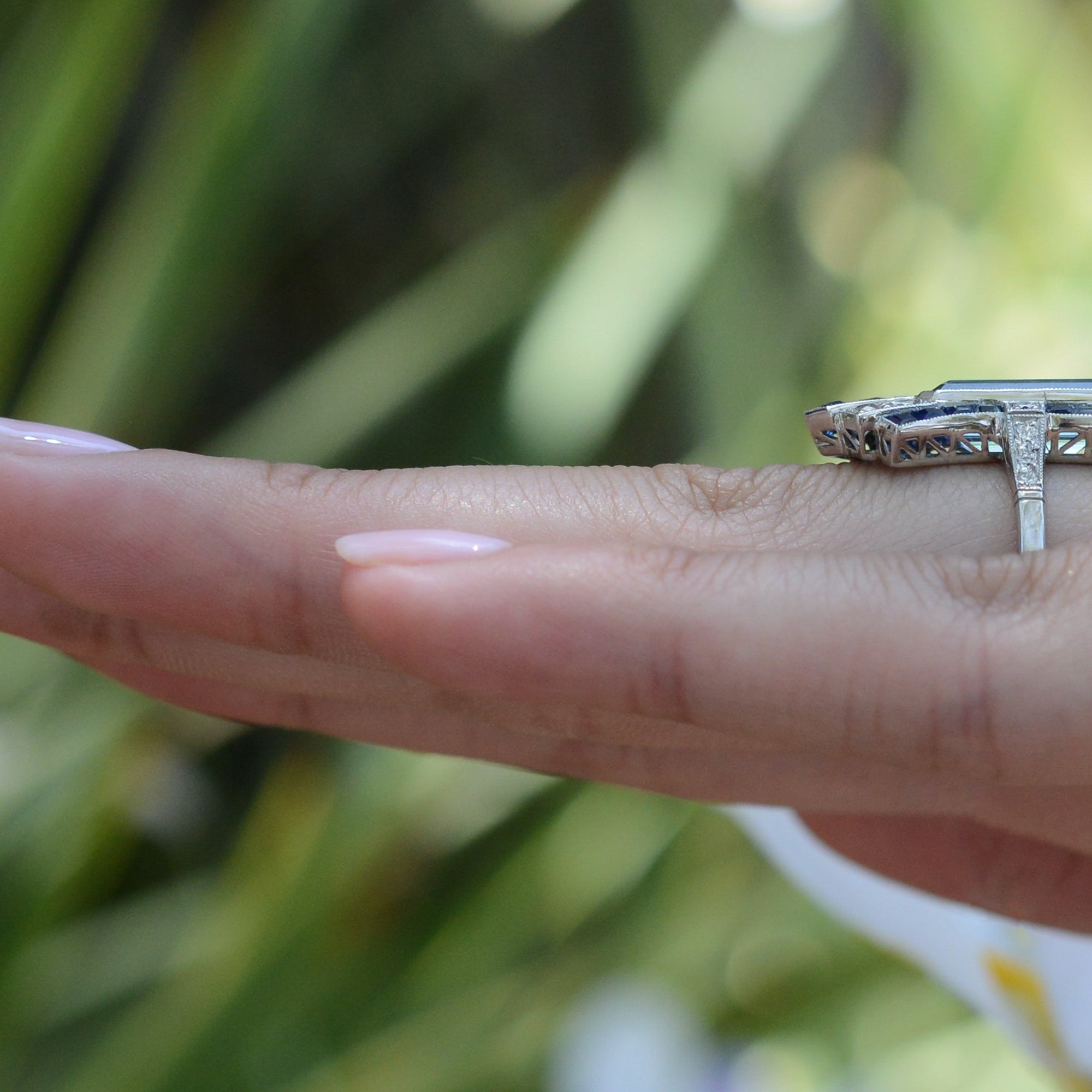 Sleek Art Deco Aquamarine and Sapphire Long Cocktail Ring