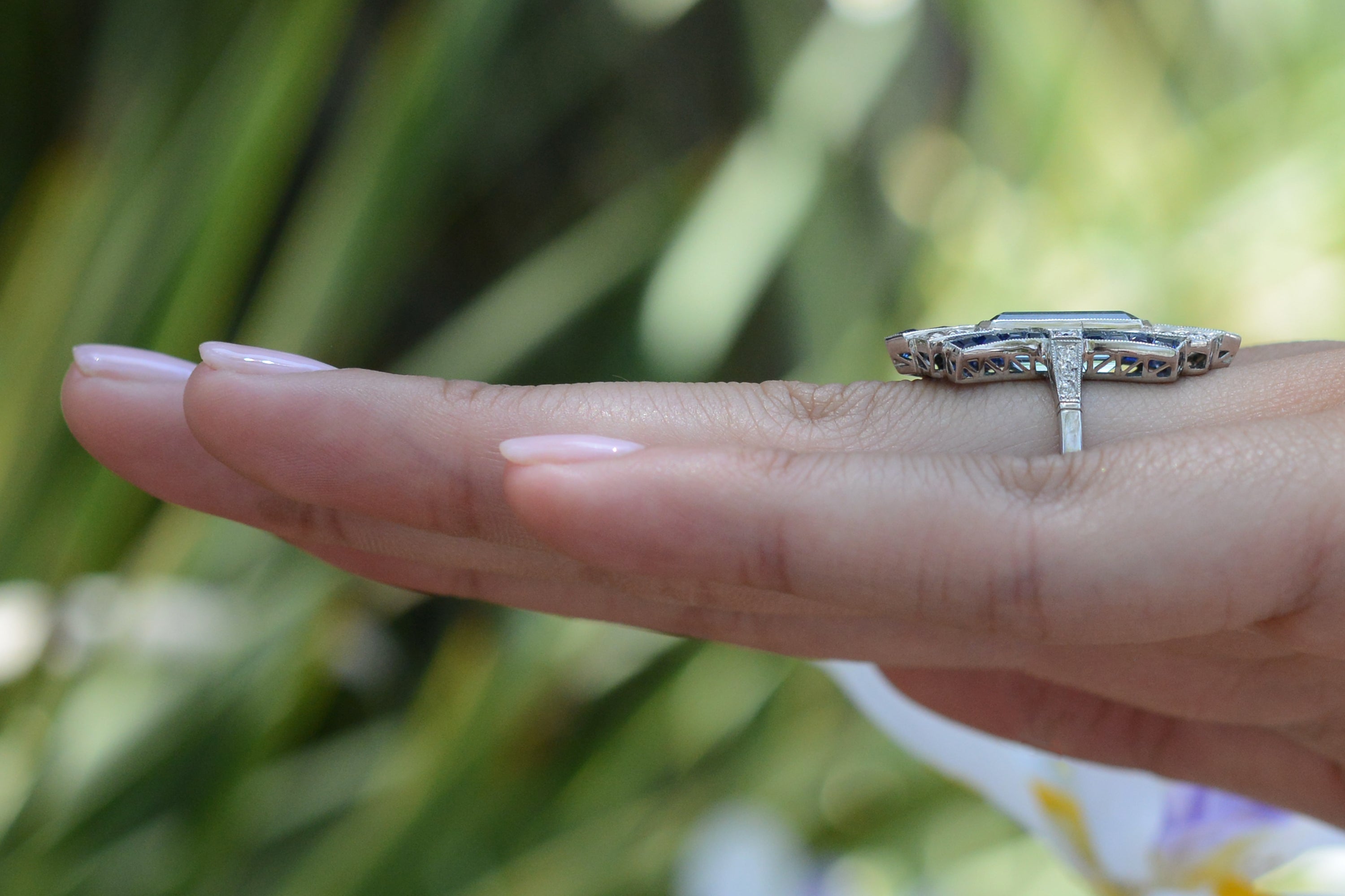 Sleek Art Deco Aquamarine and Sapphire Long Cocktail Ring