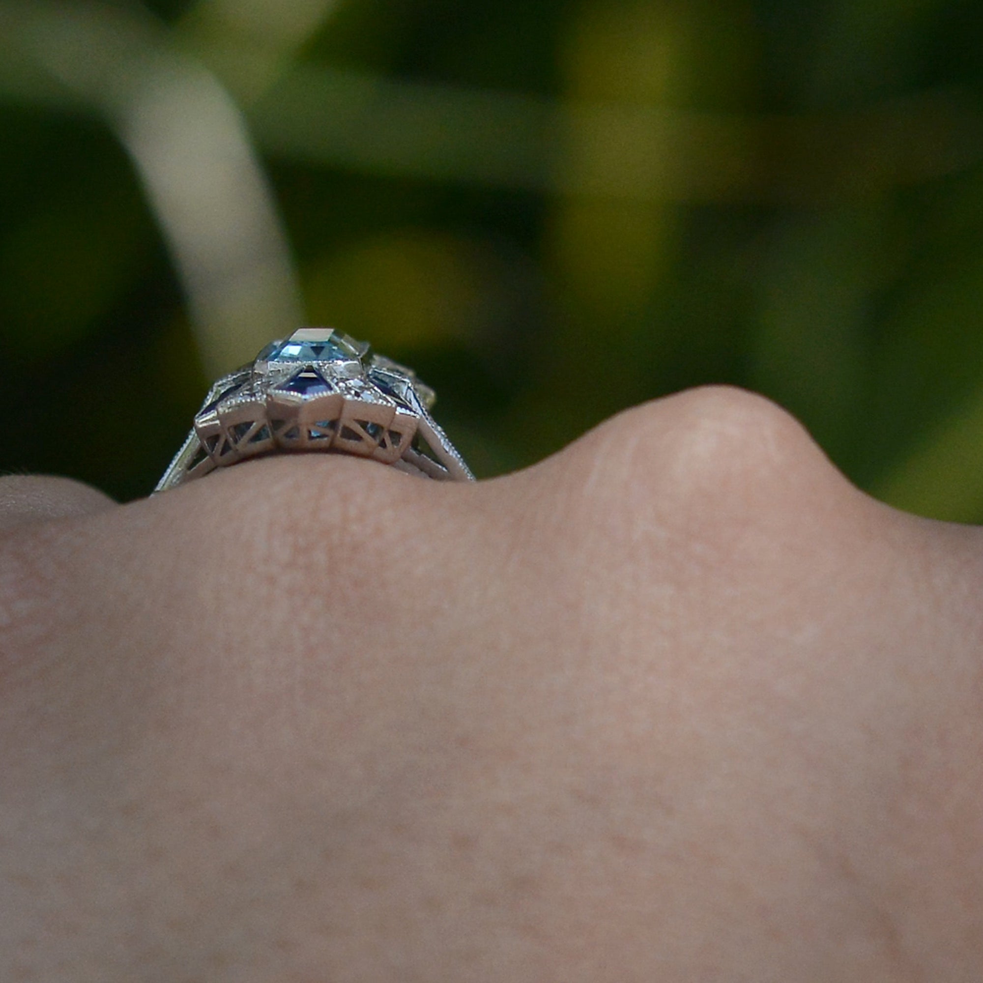 Sleek Art Deco Aquamarine and Sapphire Long Cocktail Ring