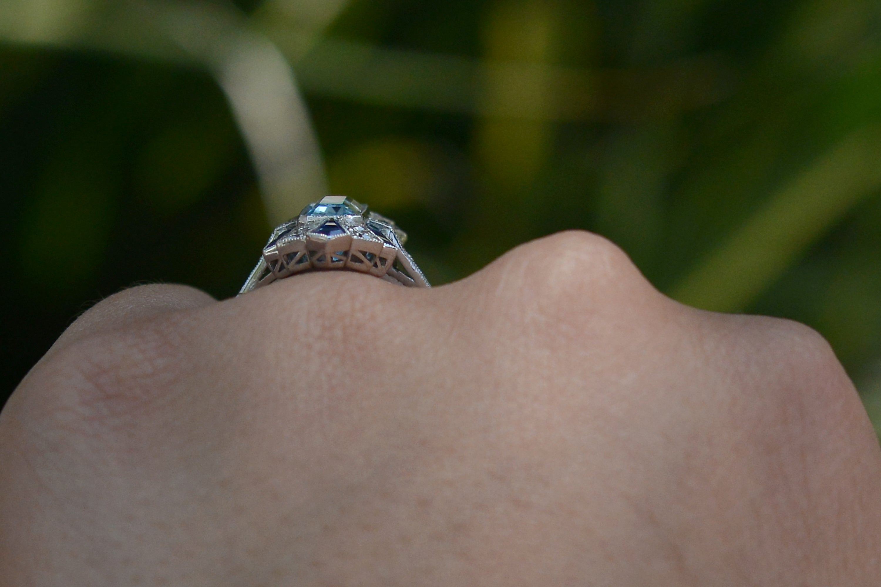 Sleek Art Deco Aquamarine and Sapphire Long Cocktail Ring