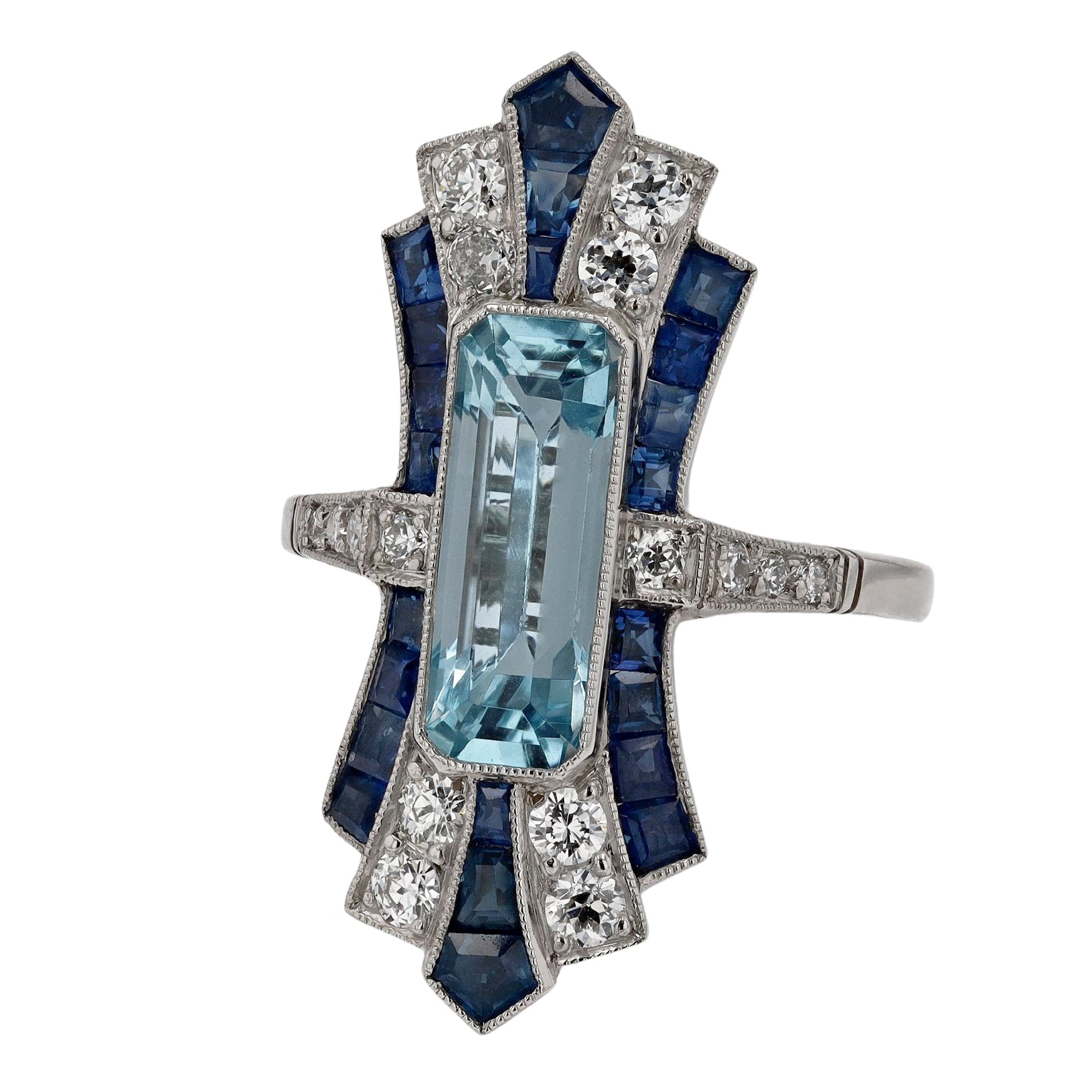 Sleek Art Deco Aquamarine and Sapphire Long Cocktail Ring