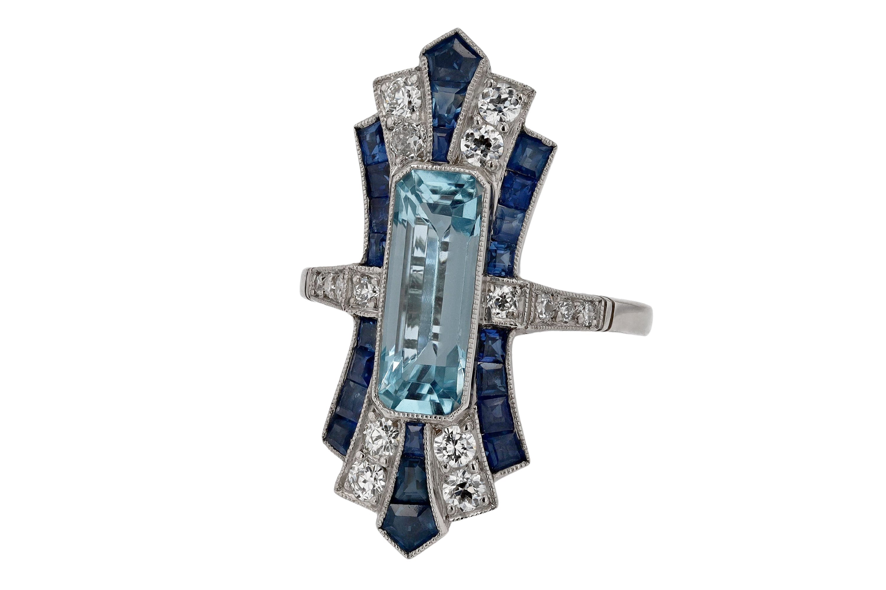 Sleek Art Deco Aquamarine and Sapphire Long Cocktail Ring