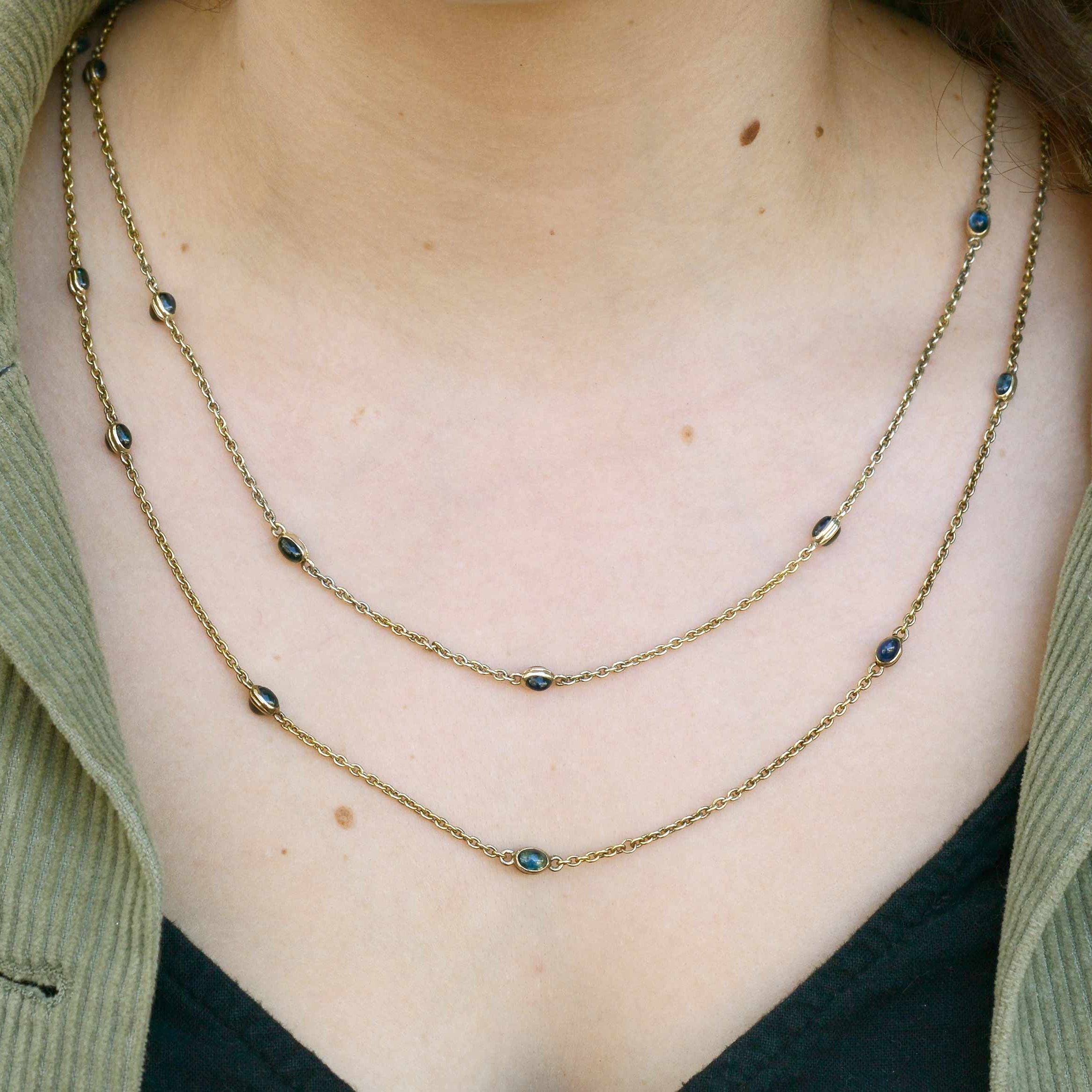 SOLD Art Deco Sapphires By the Yard Station Necklace 57" Long 20Kt Yellow Gold