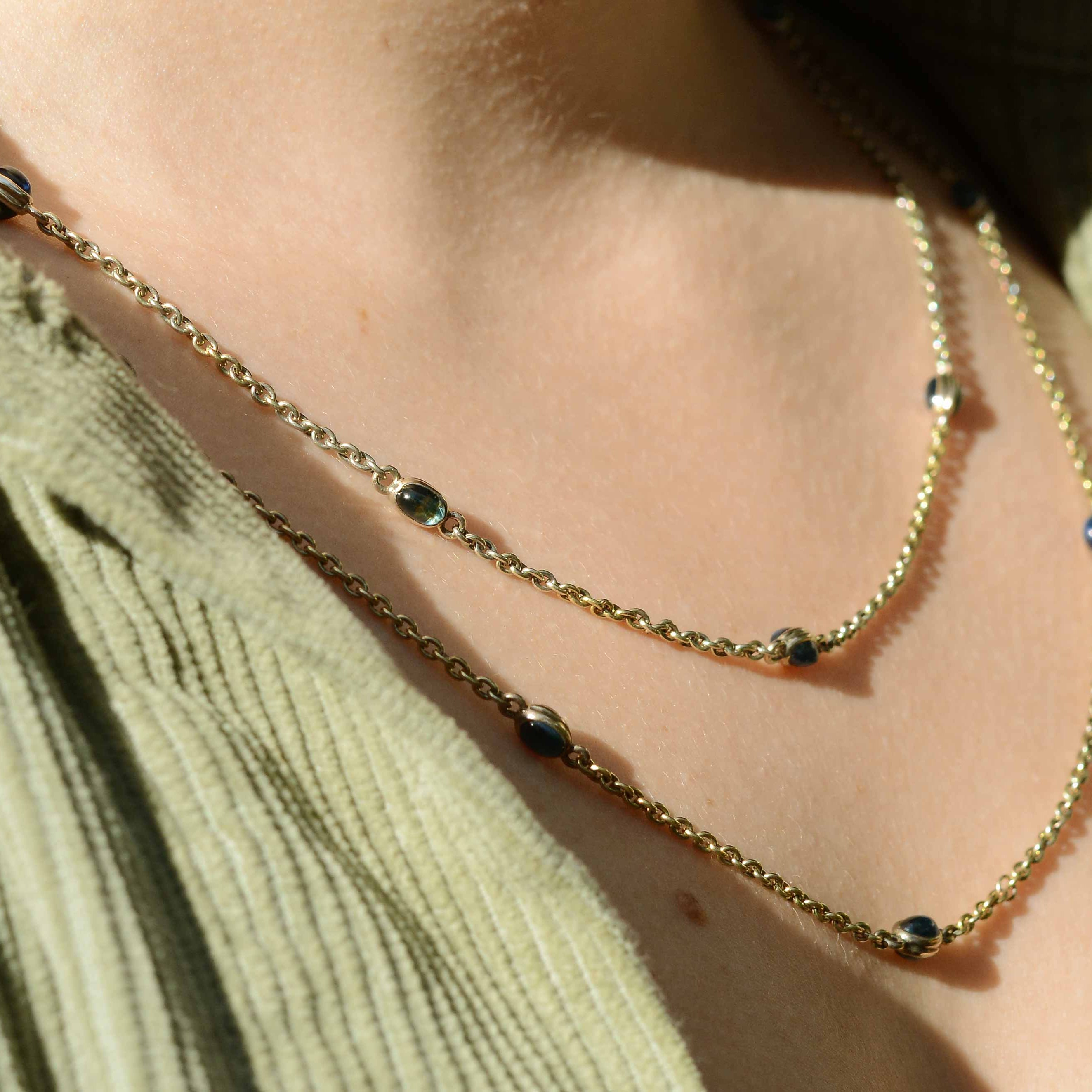 SOLD Art Deco Sapphires By the Yard Station Necklace 57" Long 20Kt Yellow Gold